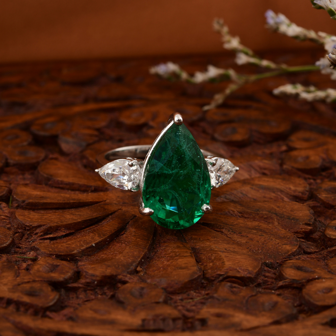 Three Stone Solid Gold Pear Cut 5.95Ct. Zambian Emerald Diamond Engagement Ring