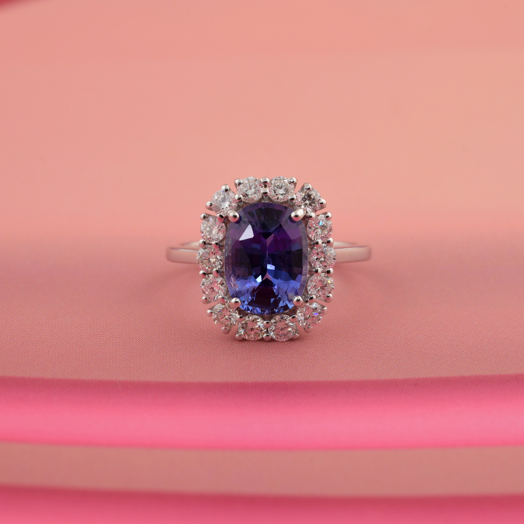 Genuine 3.15Ct. Unique Oval Cut Blue Sapphire Halo Diamond Engagement Gold Ring