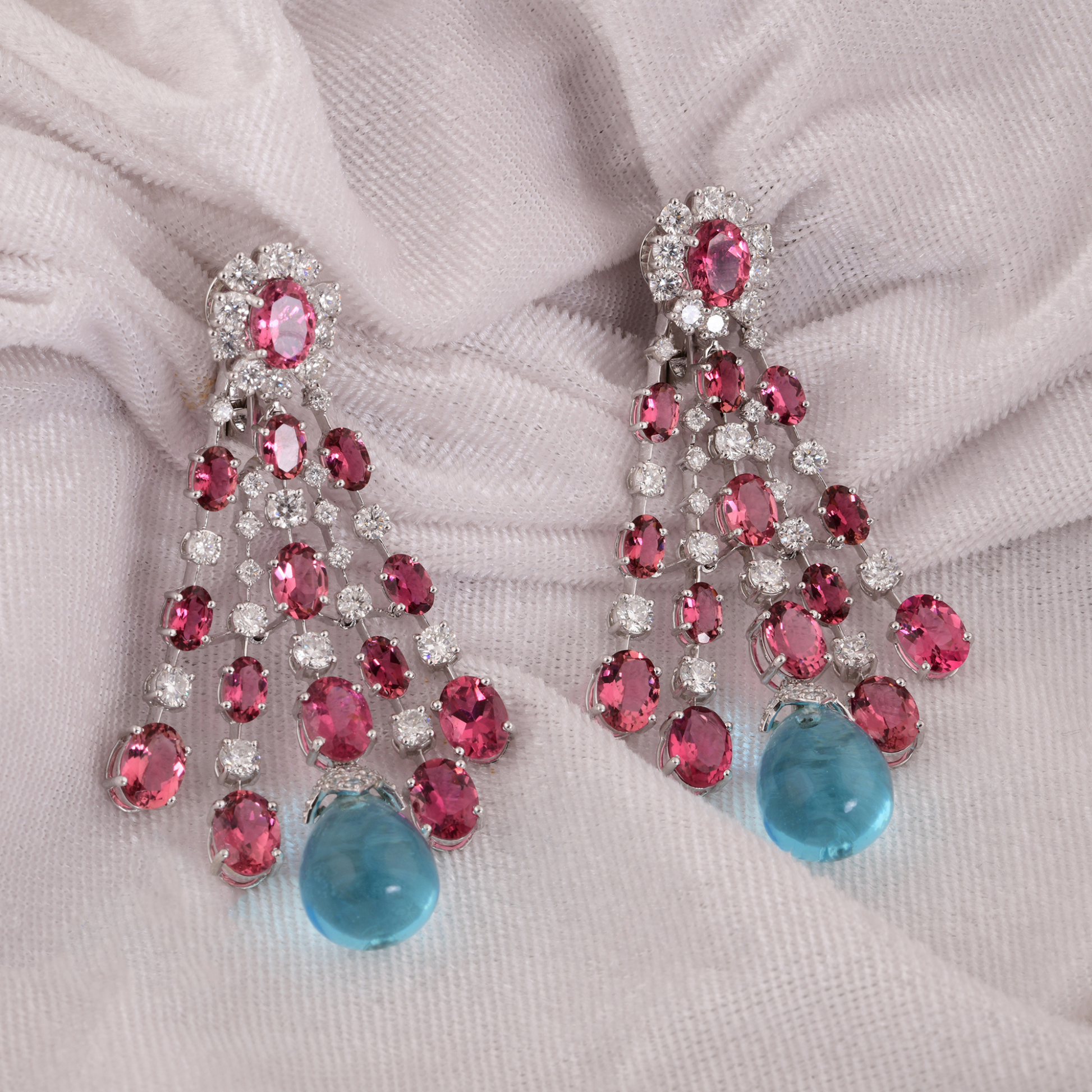 51.02Ct. Pink Tourmaline & Blue Topaz H/SI Diamond Chandelier Dangle Fine Gold Earrings