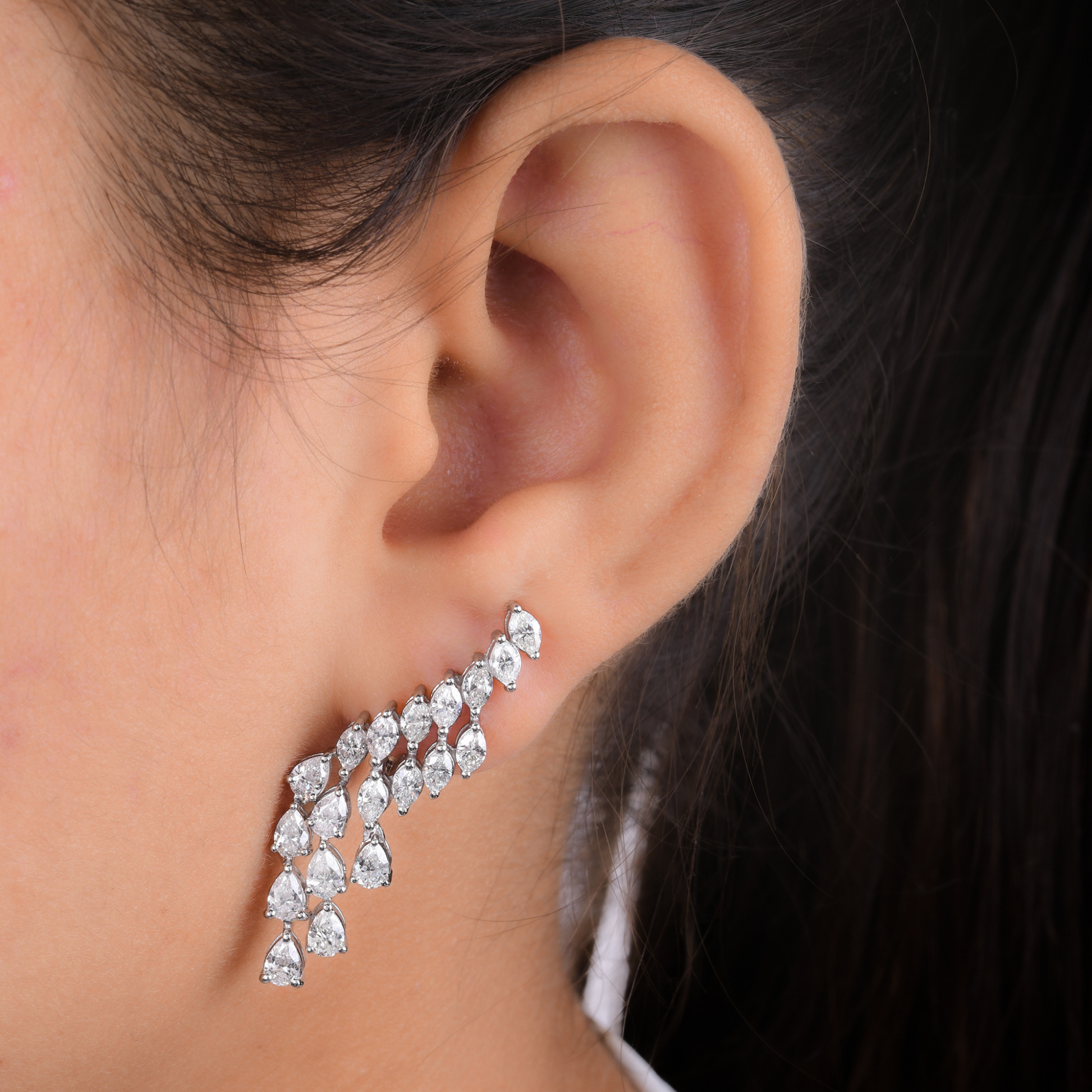 Natural Diamond Statement Pear Cut Climber Drop Earrings in Fine Gold