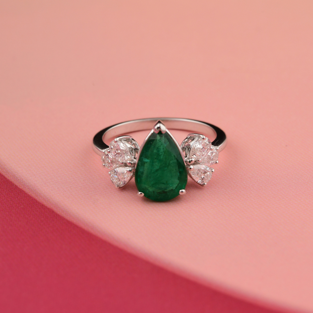 Solid Gold 0.72Ct. Natural Diamond Pear Cut Emerald Engagement Ring