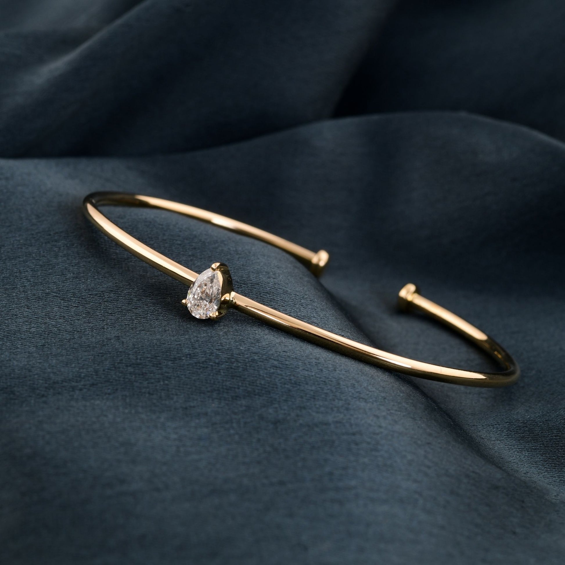 Minimalist Sleek Solid Gold Solitaire Pear Diamond Open Cuff Bracelet