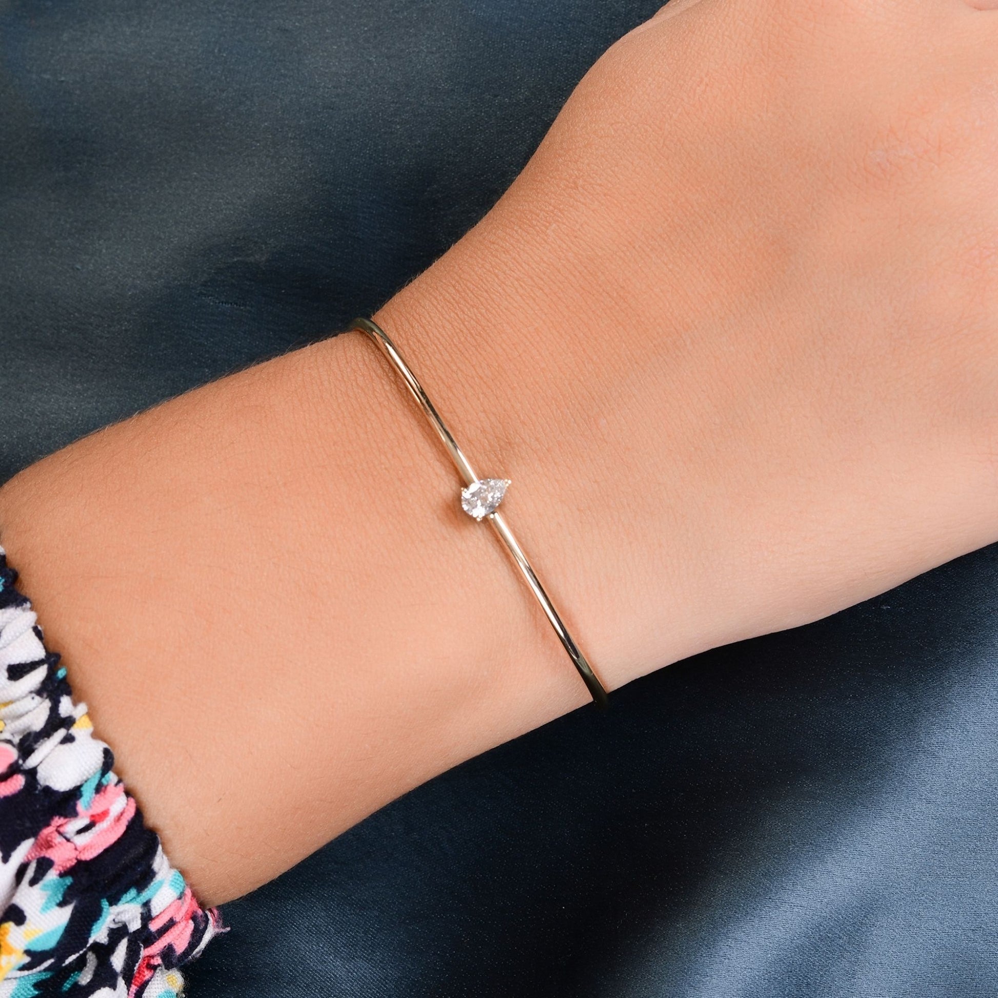 Minimalist Sleek Solid Gold Solitaire Pear Diamond Open Cuff Bracelet
