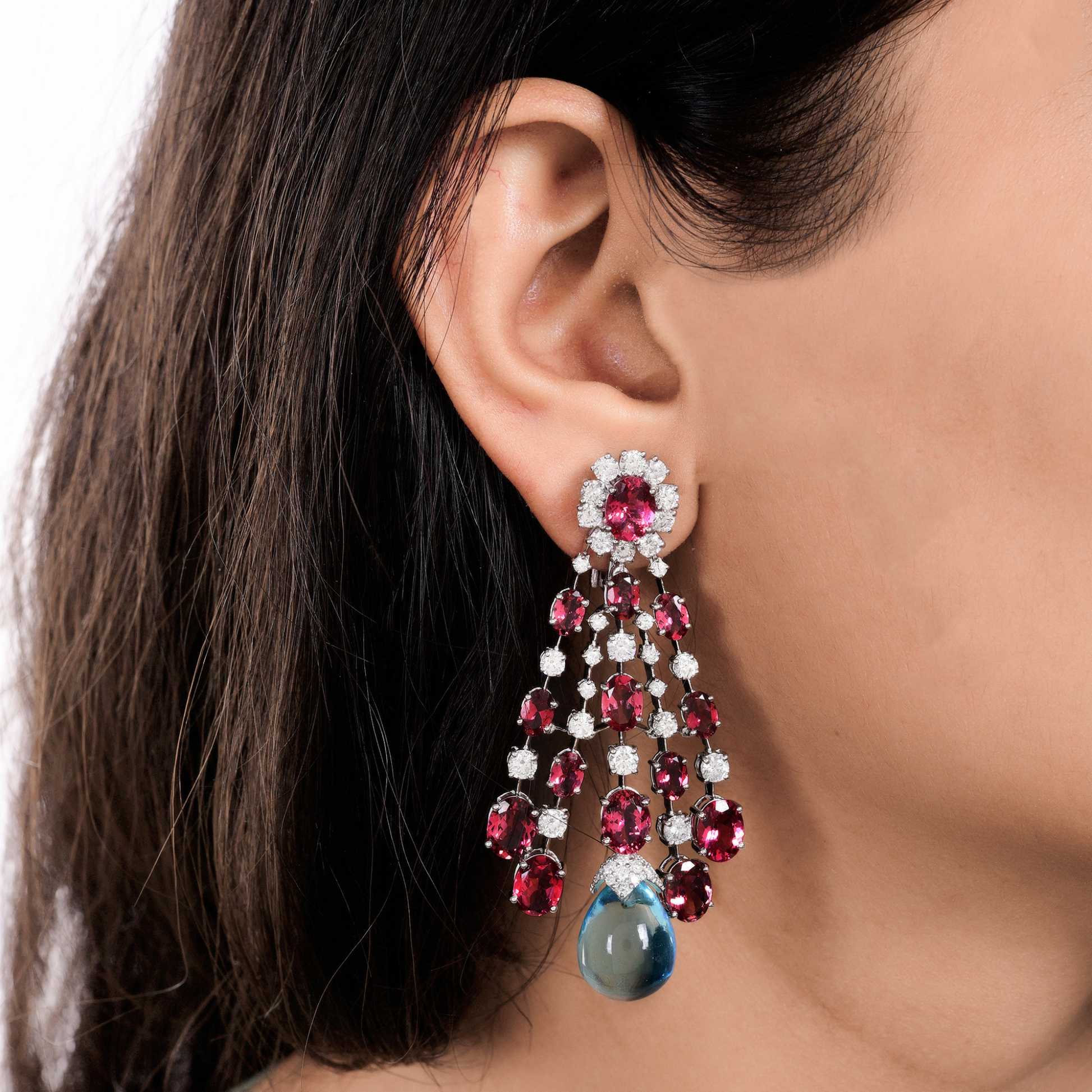 51.02Ct. Pink Tourmaline & Blue Topaz H/SI Diamond Chandelier Dangle Fine Gold Earrings