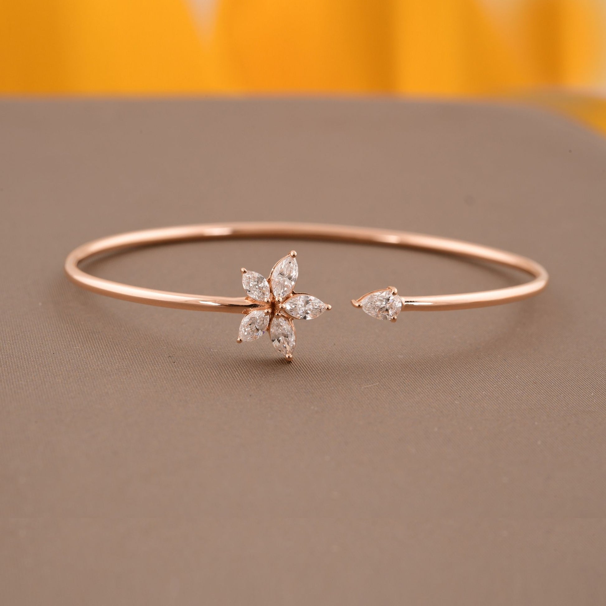 Handmade Real SI/HI Marquise & Pear Cut Diamond Cuff Gold Bangle Bracelet