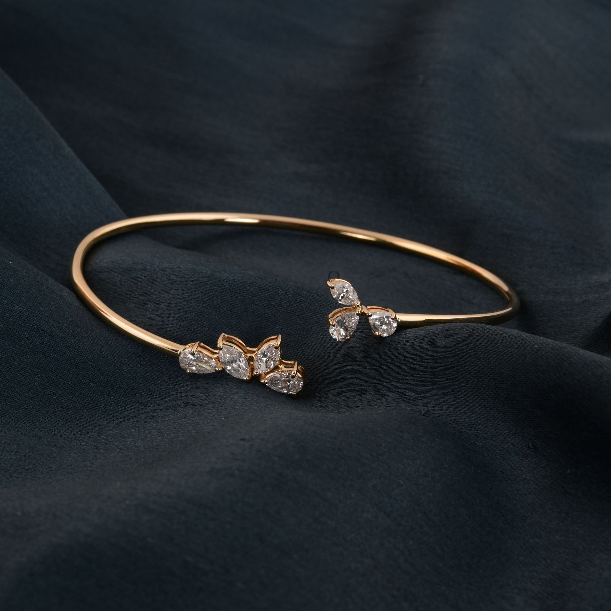 Sparkling Fine Gold Pear & Marquise Cut Open Diamond Cuff Bangle Bracelet