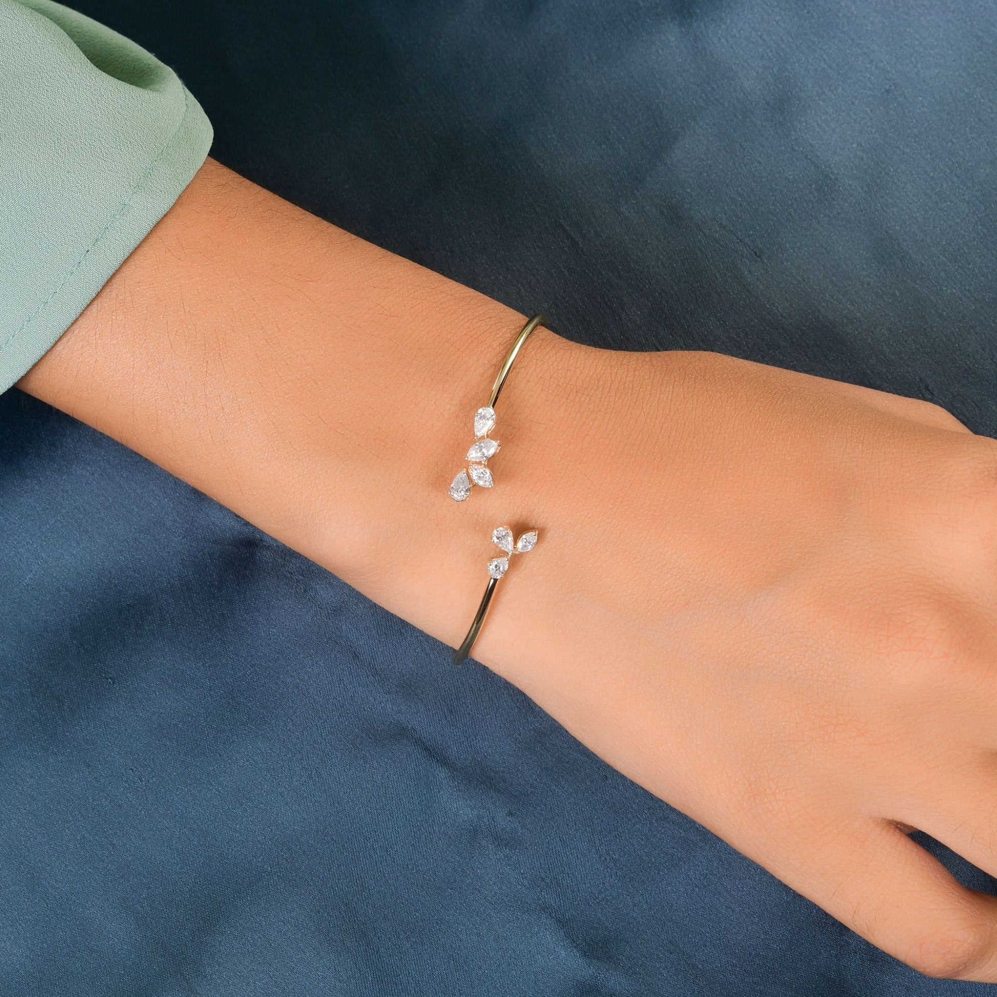 Sparkling Fine Gold Pear & Marquise Cut Open Diamond Cuff Bangle Bracelet