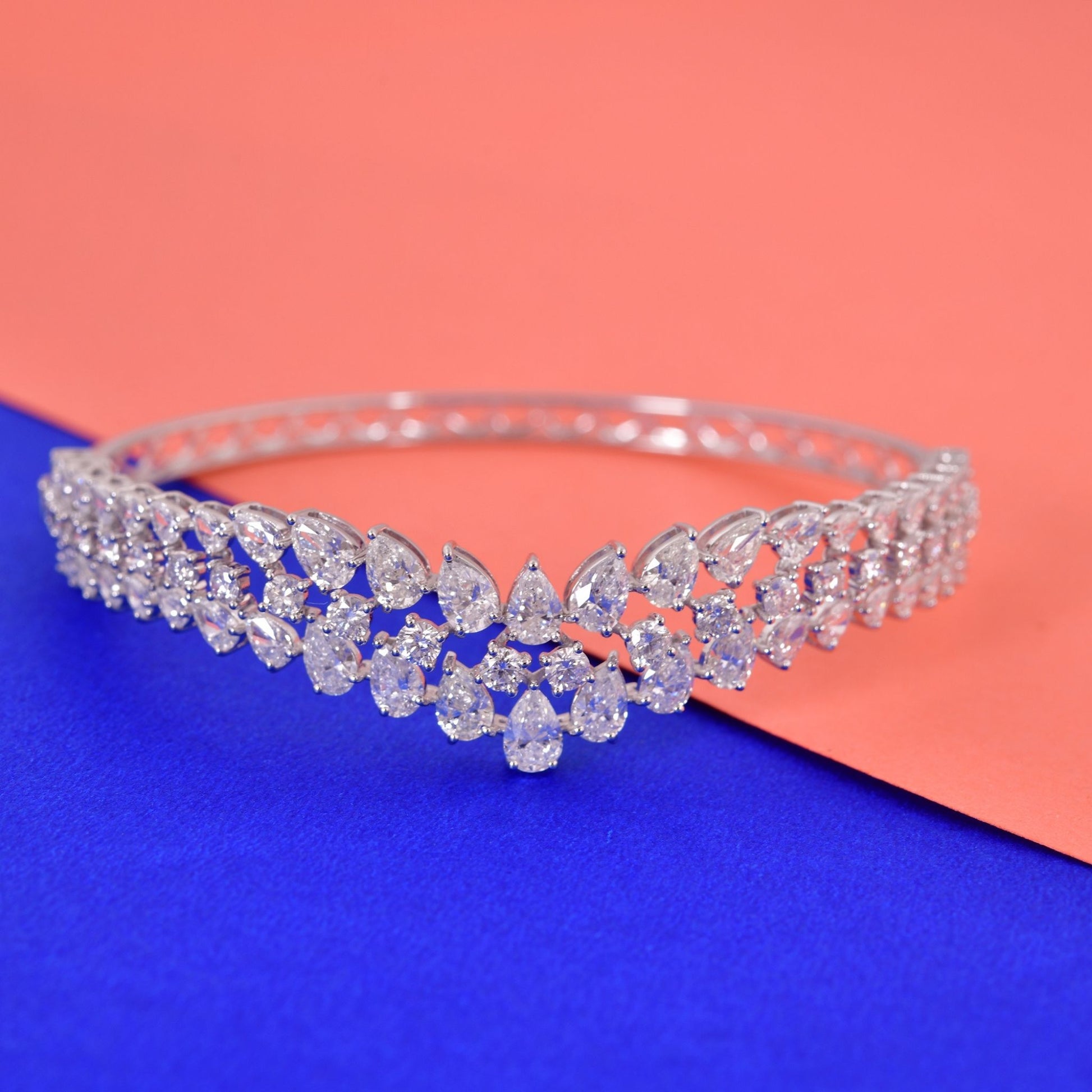 Chevron Natural Pear Round Diamond Cluster Bangle Bracelet