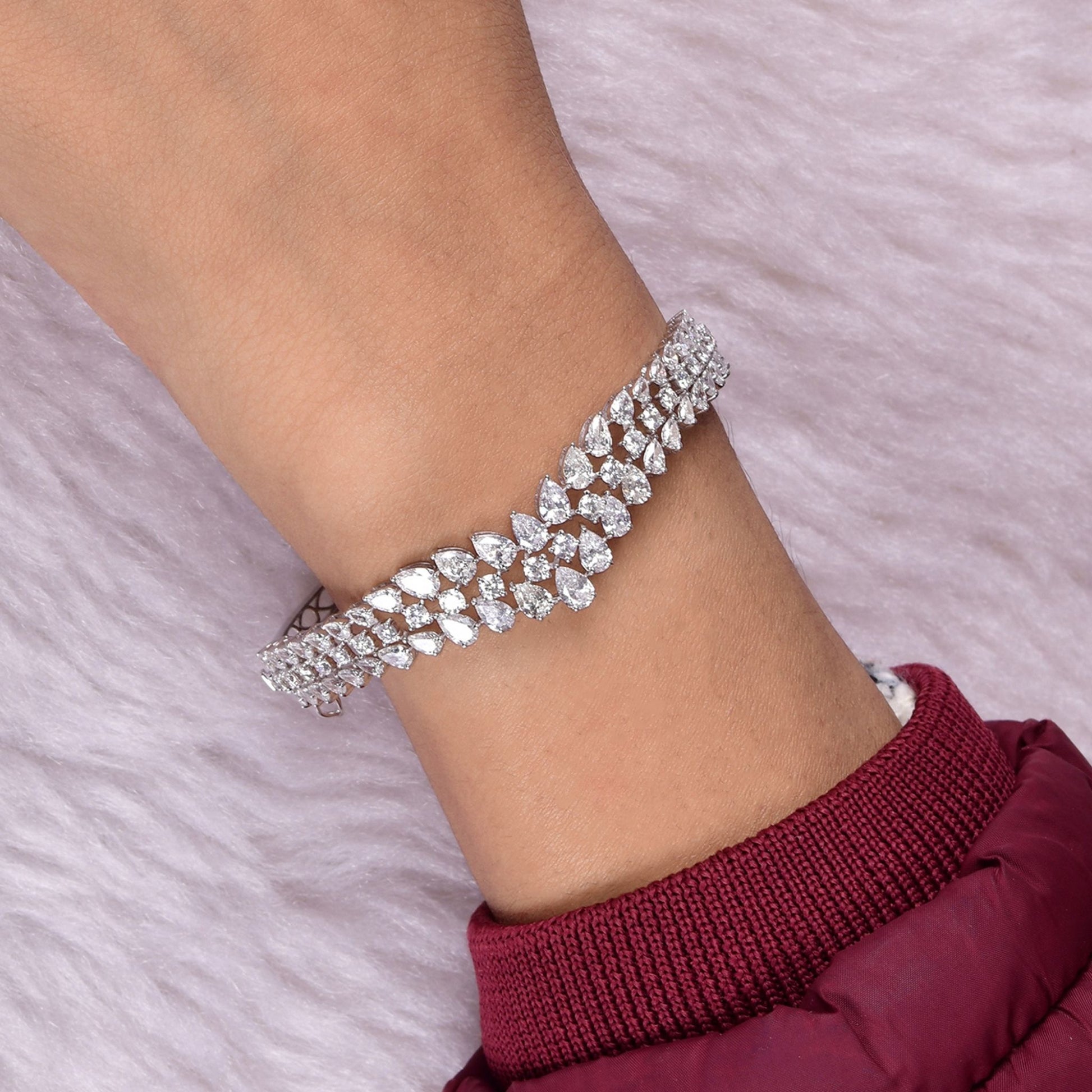 Chevron Natural Pear Round Diamond Cluster Bangle Bracelet