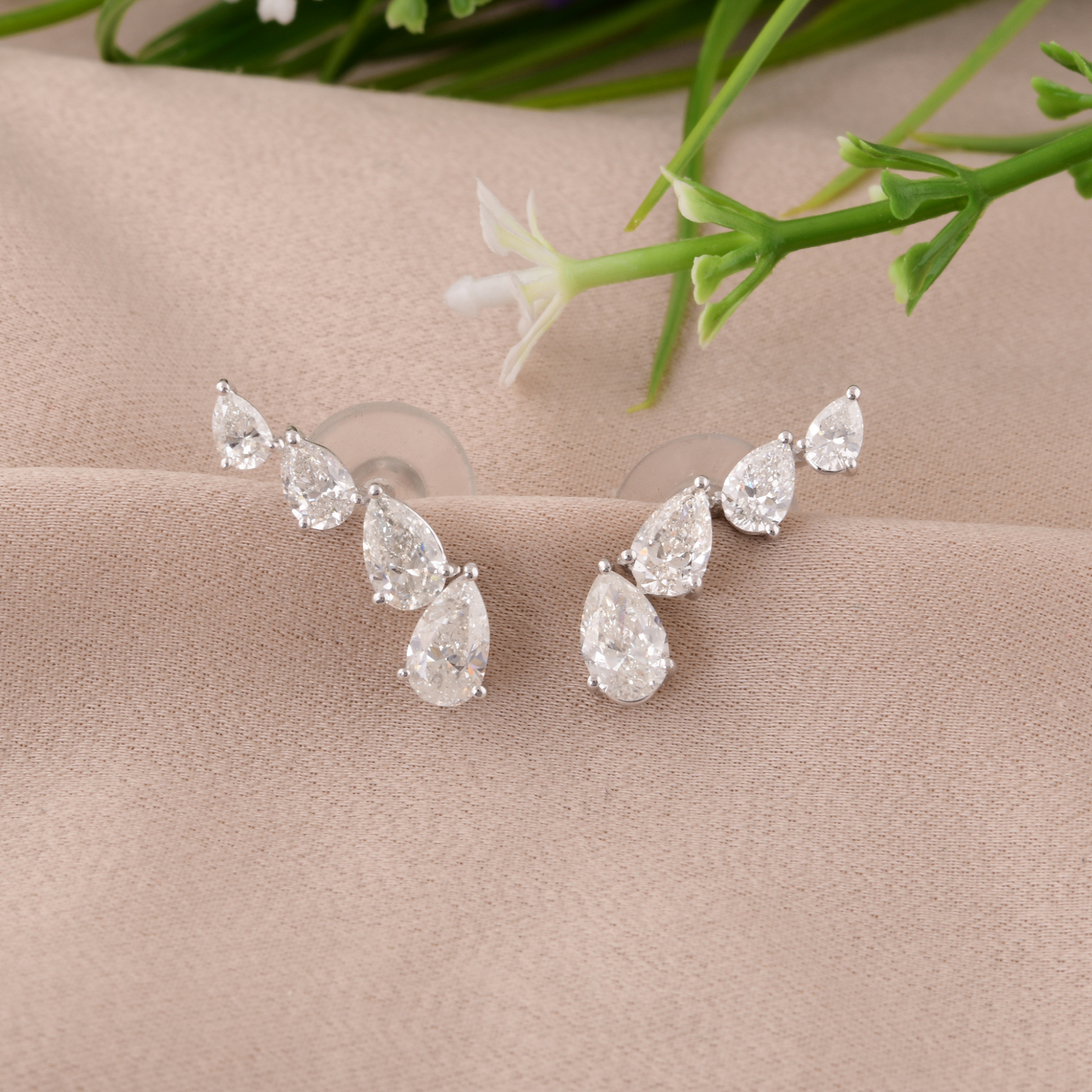 2.45 Carat SI/H Pear Natural Diamond Ear Climber Fine Gold Earrings