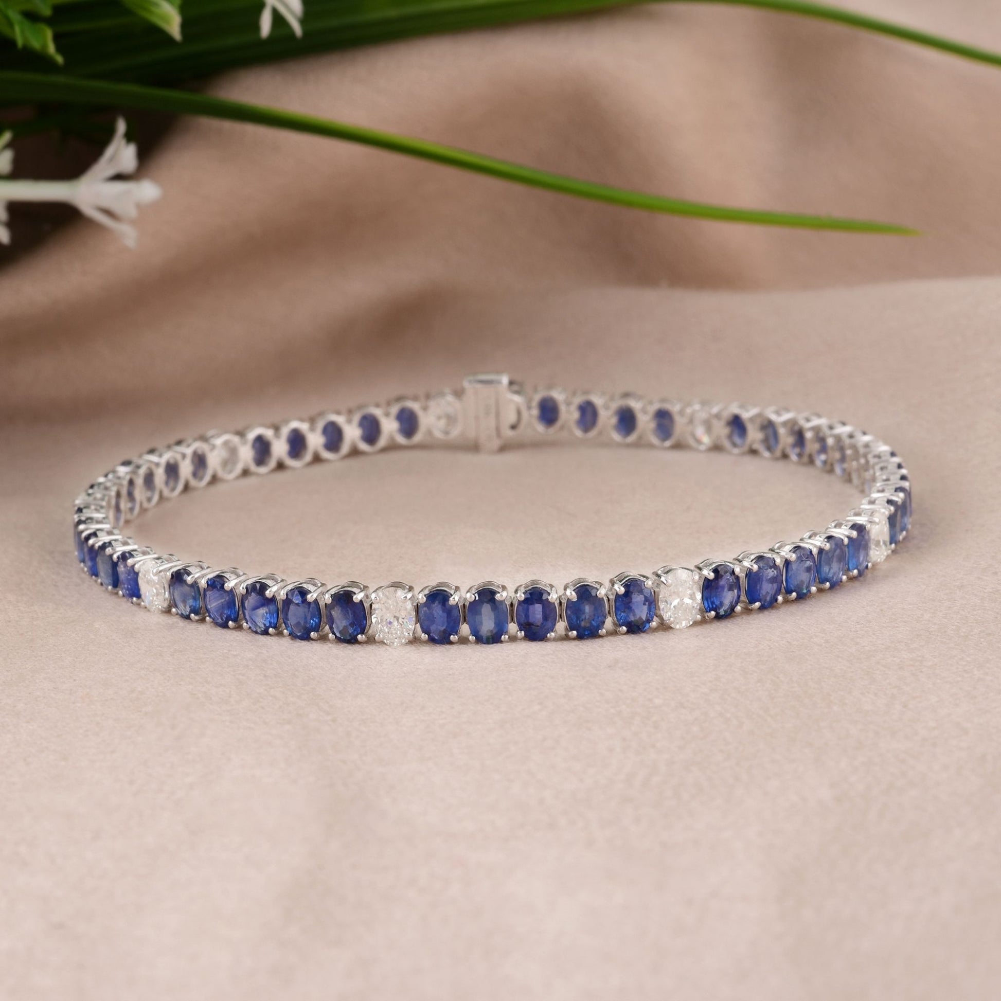 Blue Sapphire Gemstone Natural Diamond Tennis Bracelet