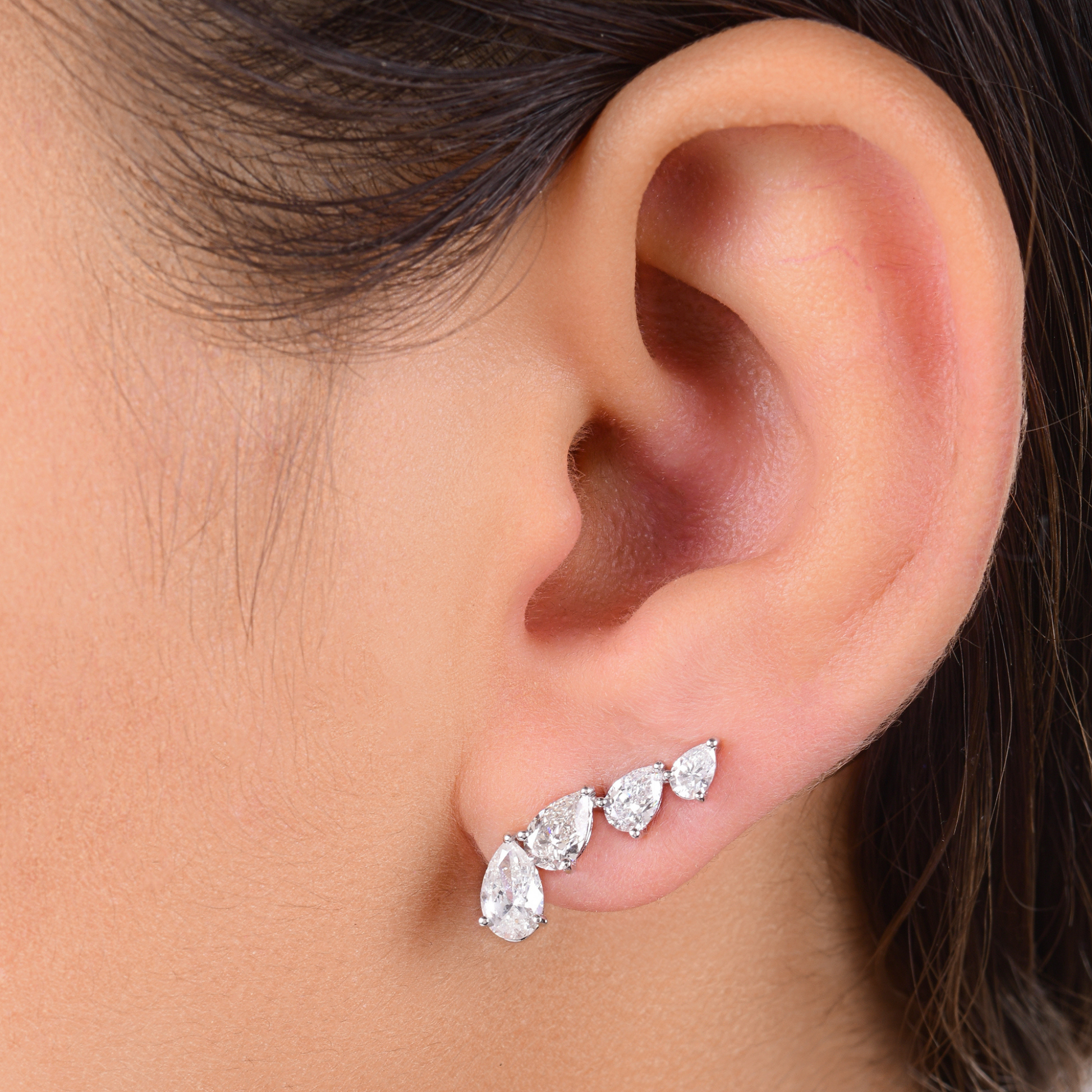 2.45 Carat SI/H Pear Natural Diamond Ear Climber Fine Gold Earrings