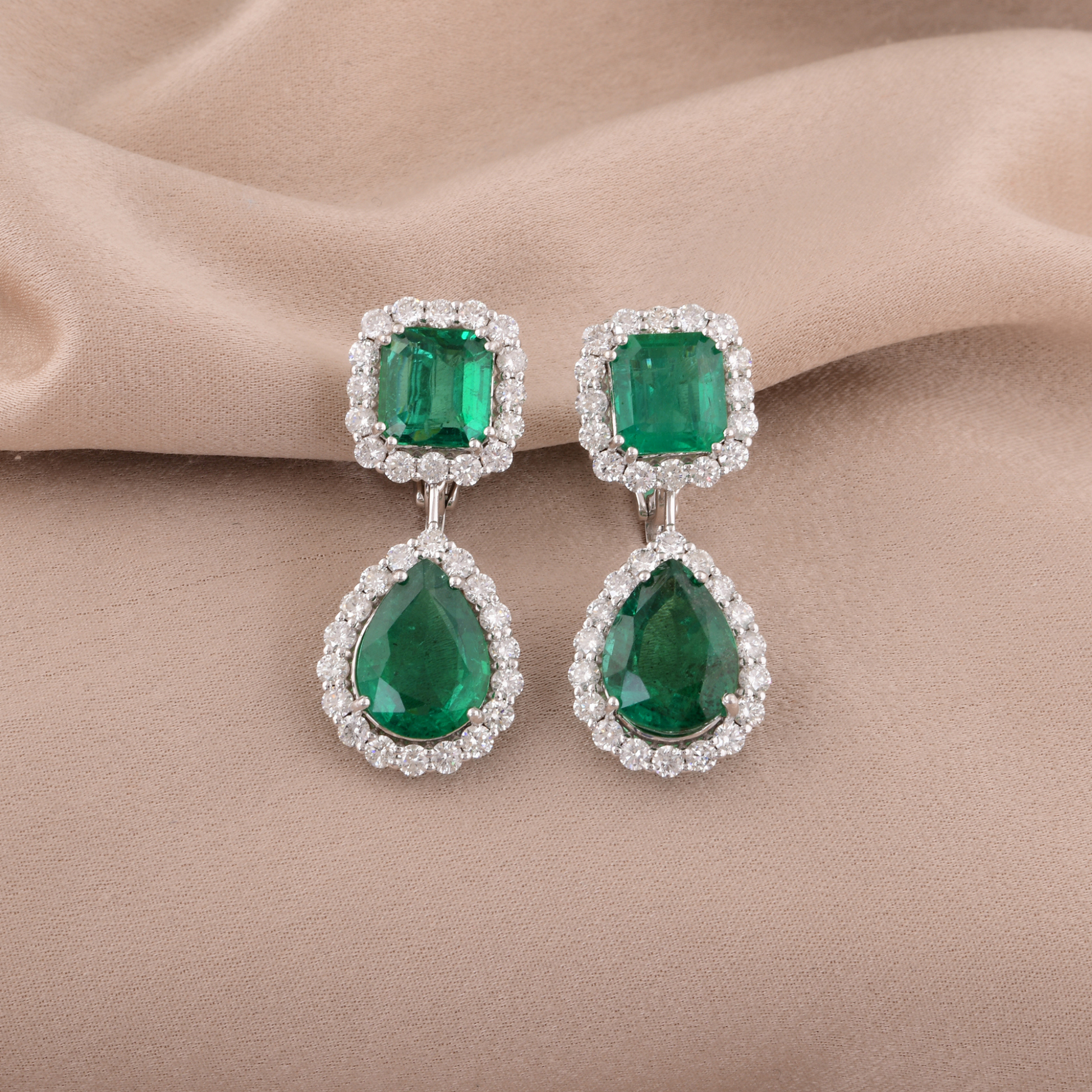 14.16 Tcw Natural Zambian Emerald H/SI Diamond Gold Dangle Earrings