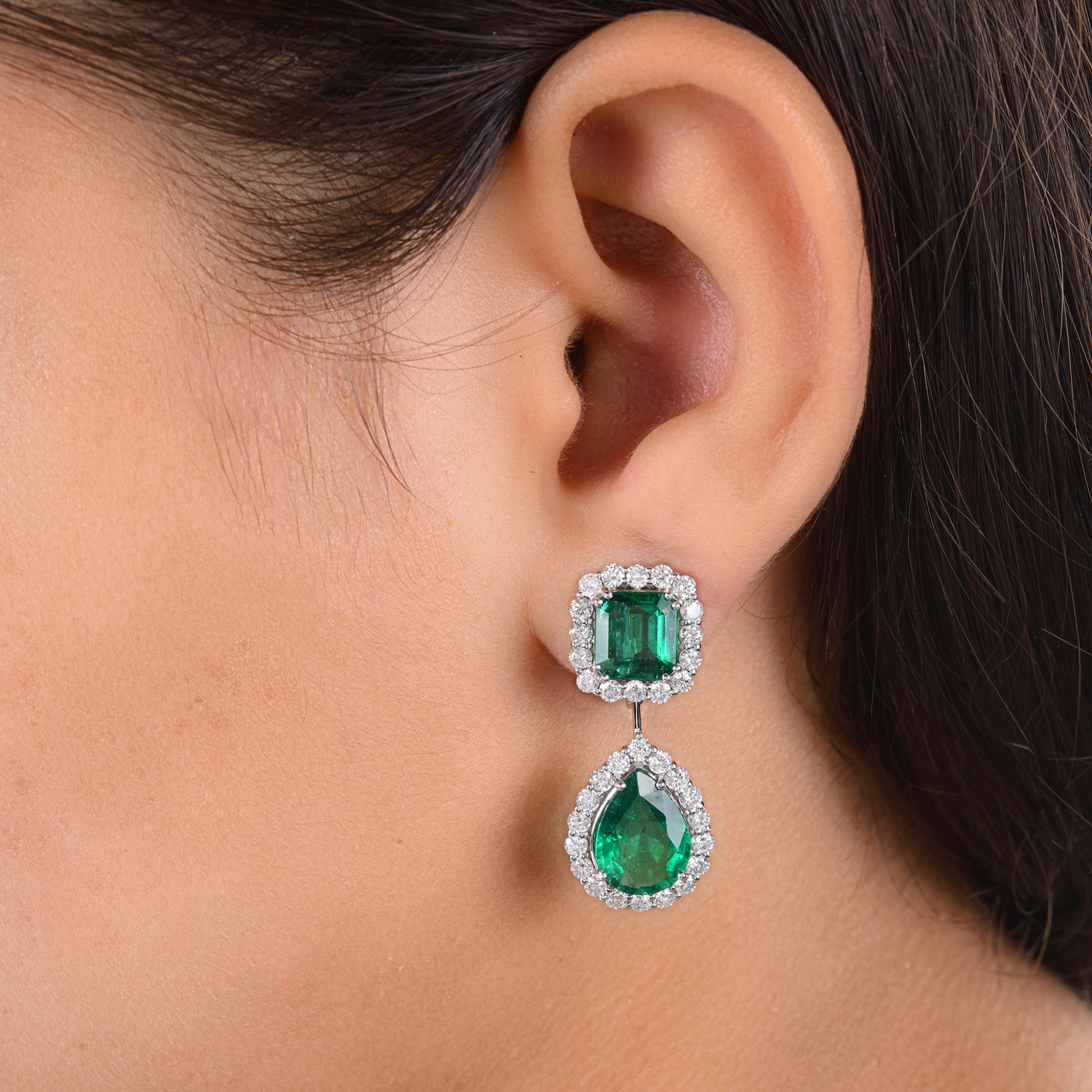 14.16 Tcw Natural Zambian Emerald H/SI Diamond Gold Dangle Earrings