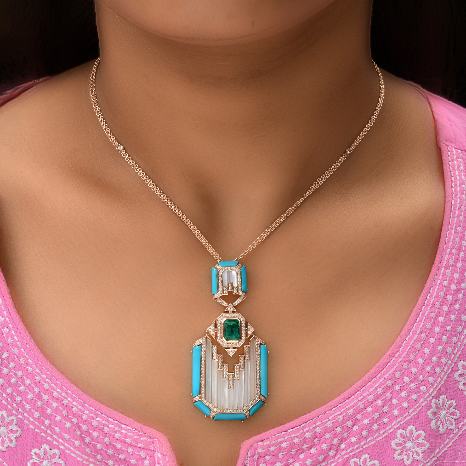 SI/HI Diamond Mother of Pearl Turquoise Emerald Pendant Necklace