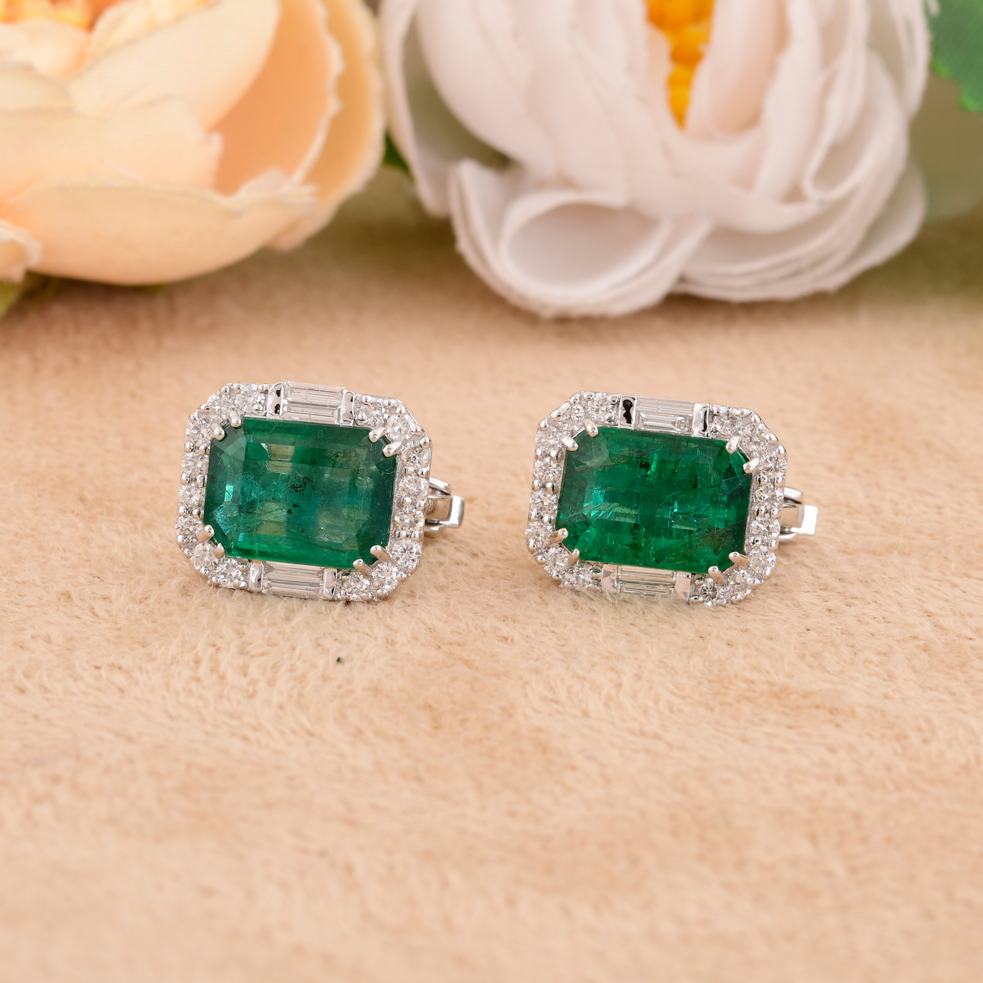 Zambian Emerald & Diamond Stud May Birthstone Gold Earrings 6.87 Tcw