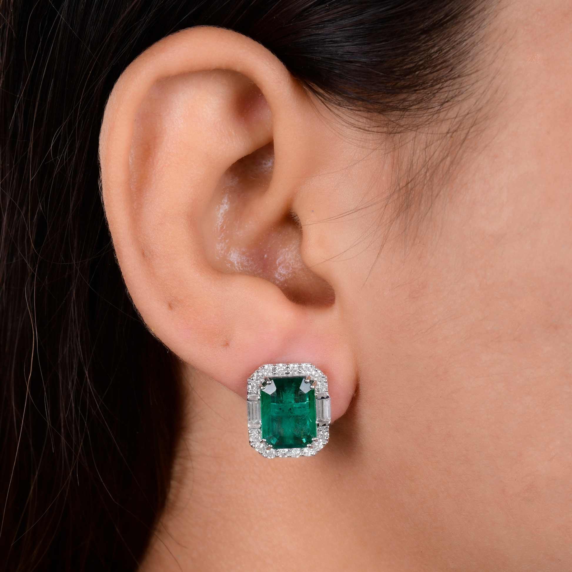 Zambian Emerald & Diamond Stud May Birthstone Gold Earrings 6.87 Tcw