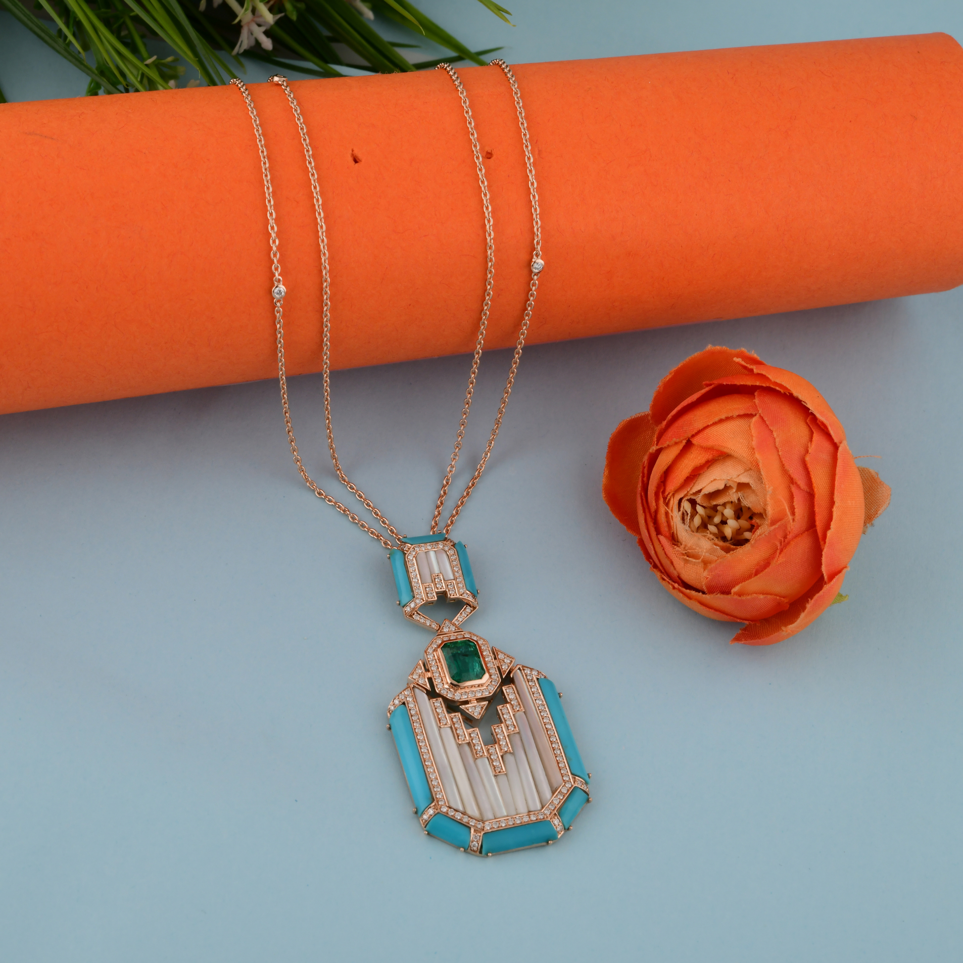 SI/HI Diamond Mother of Pearl Turquoise Emerald Pendant Necklace