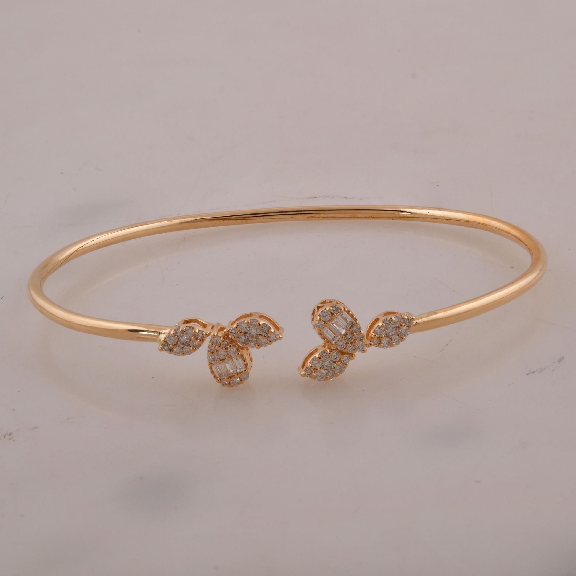 Minimalist Natural Round Diamond Open Cuff Leaf Motif Bangle Bracelet
