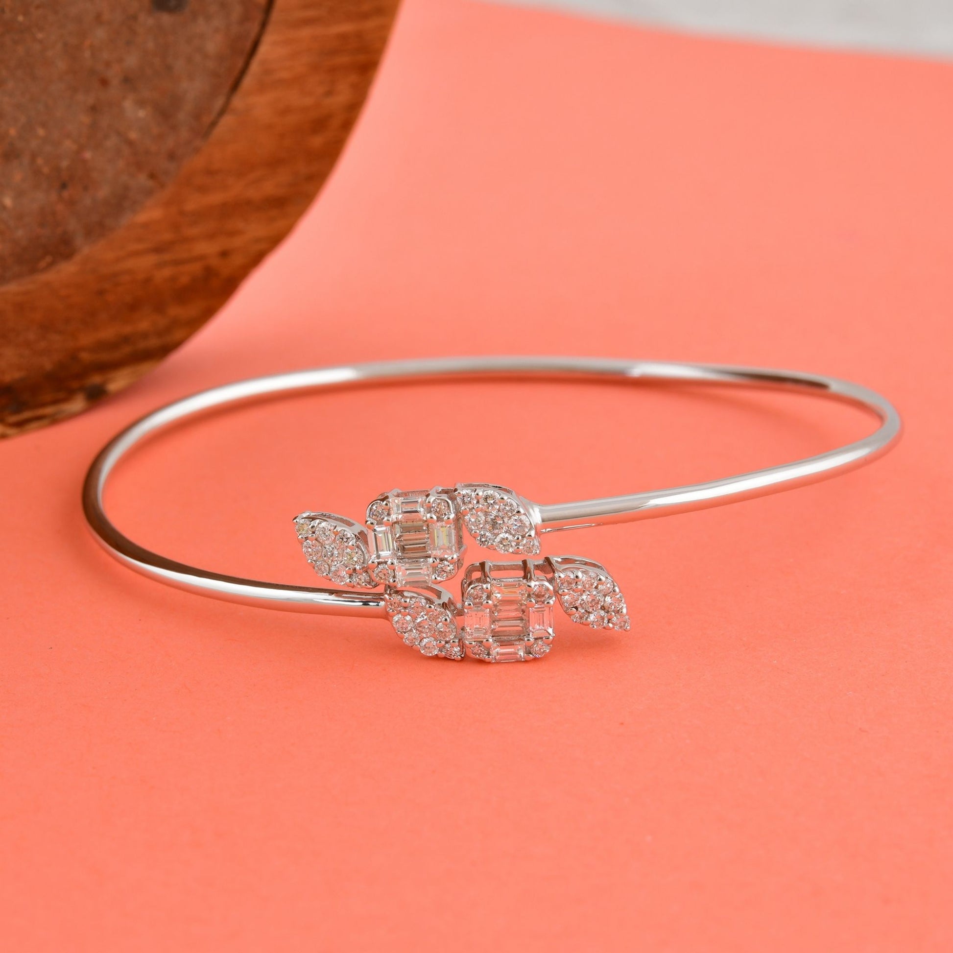 Delicate Flower Natural Baguette Diamond Cuff Bangle Bracelet