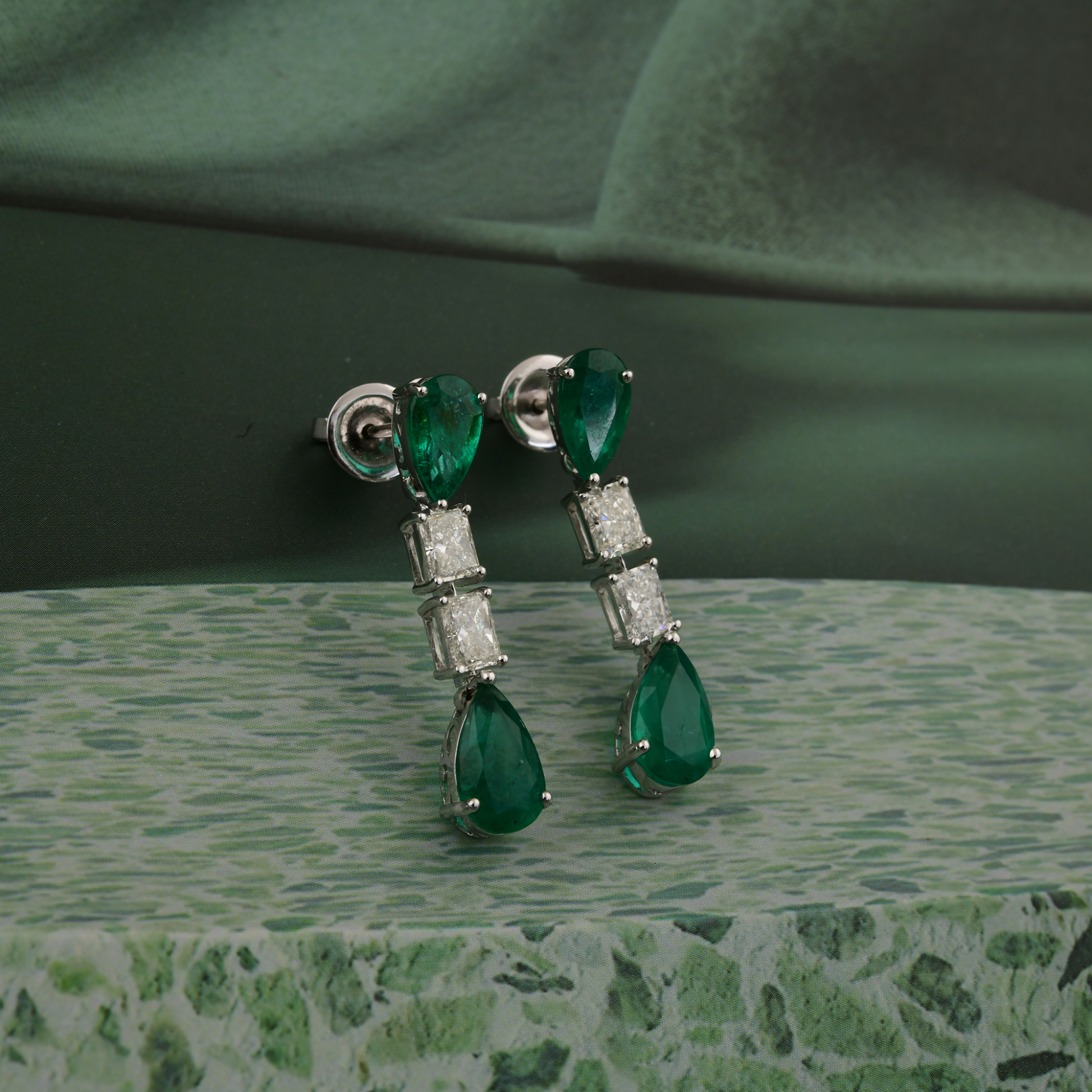 6.99 Tcw H/SI Diamond Zambian Emerald Solid Gold Drop Dangle Earrings