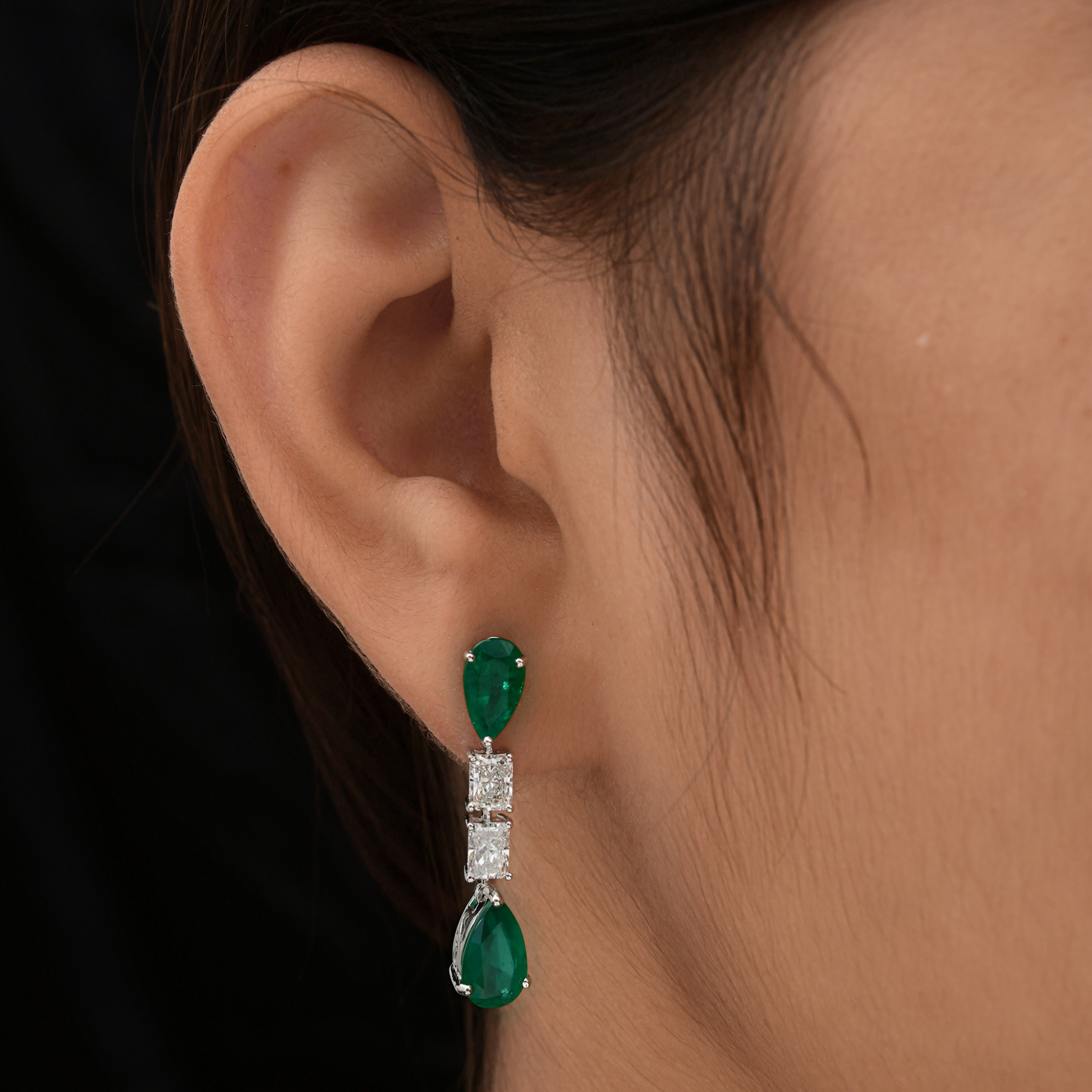 6.99 Tcw H/SI Diamond Zambian Emerald Solid Gold Drop Dangle Earrings