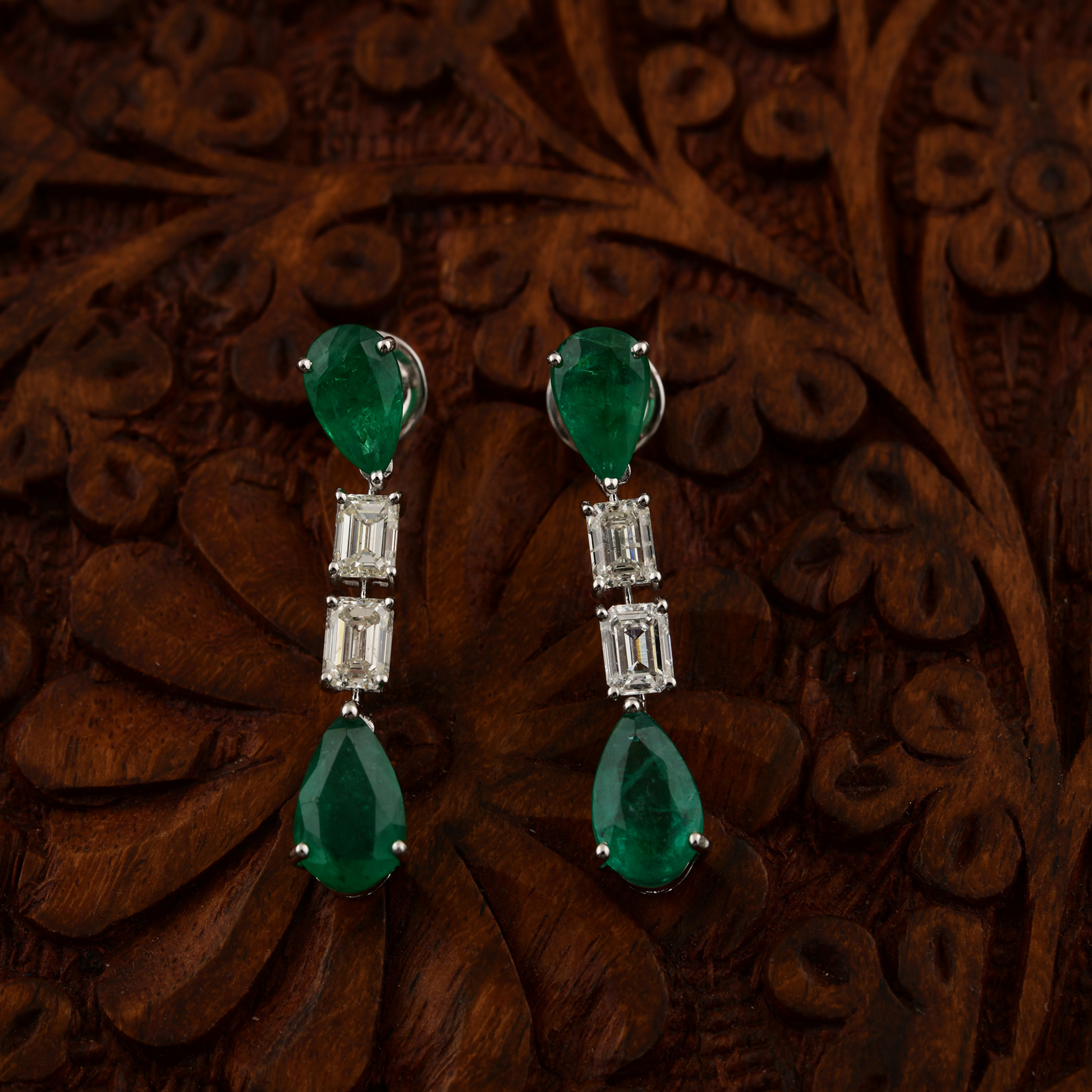 7.00 Tcw SI Clarity HI Color Diamond Natural Zambian Emerald Gold Dangle Earrings