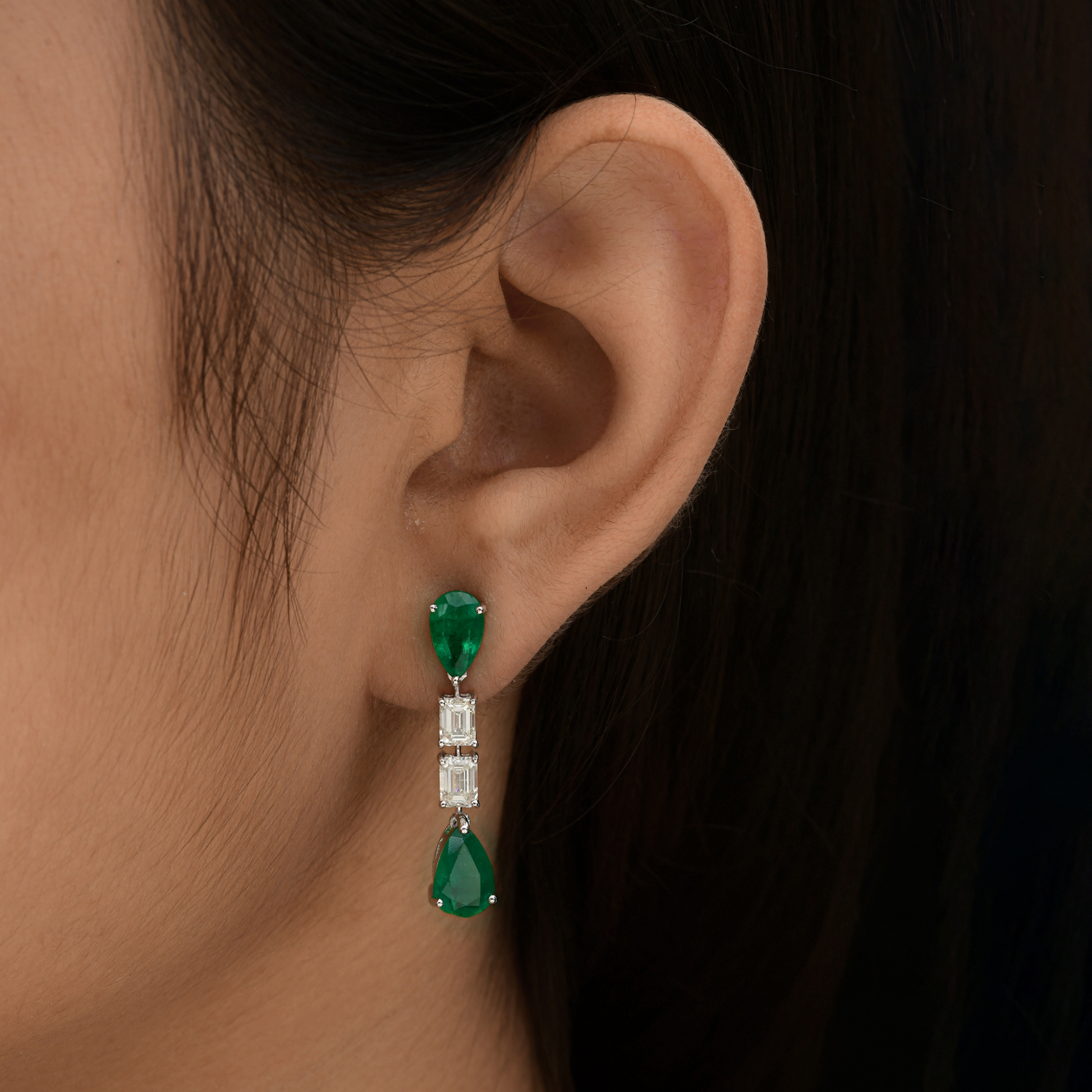 7.00 Tcw SI Clarity HI Color Diamond Natural Zambian Emerald Gold Dangle Earrings