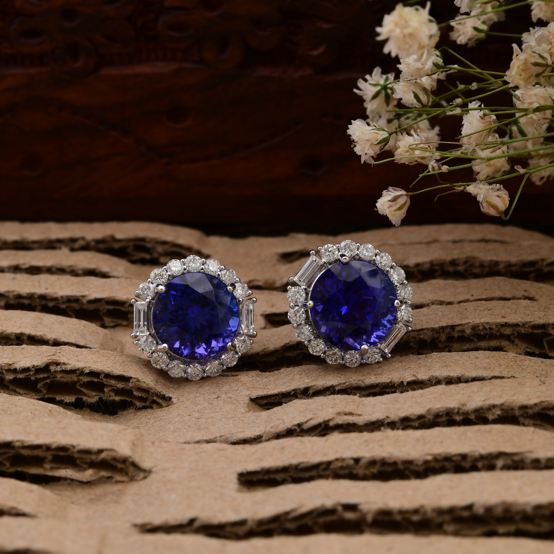 Solid Gold Minimalist Round Cut 10.63Ct Tanzanite & Natural Diamond Halo Stud Earrings