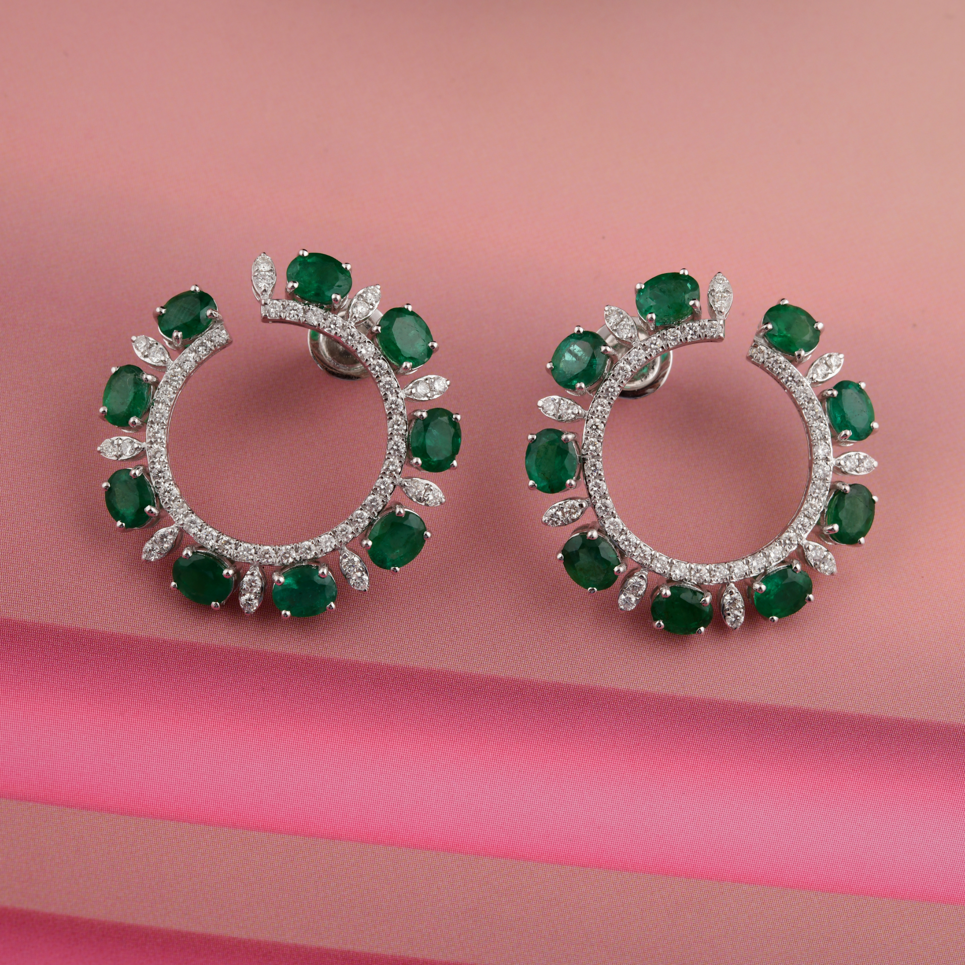 Floral Inspired Zambian Emerald Gemstone & Diamond Studded Hoop Gold Earrings