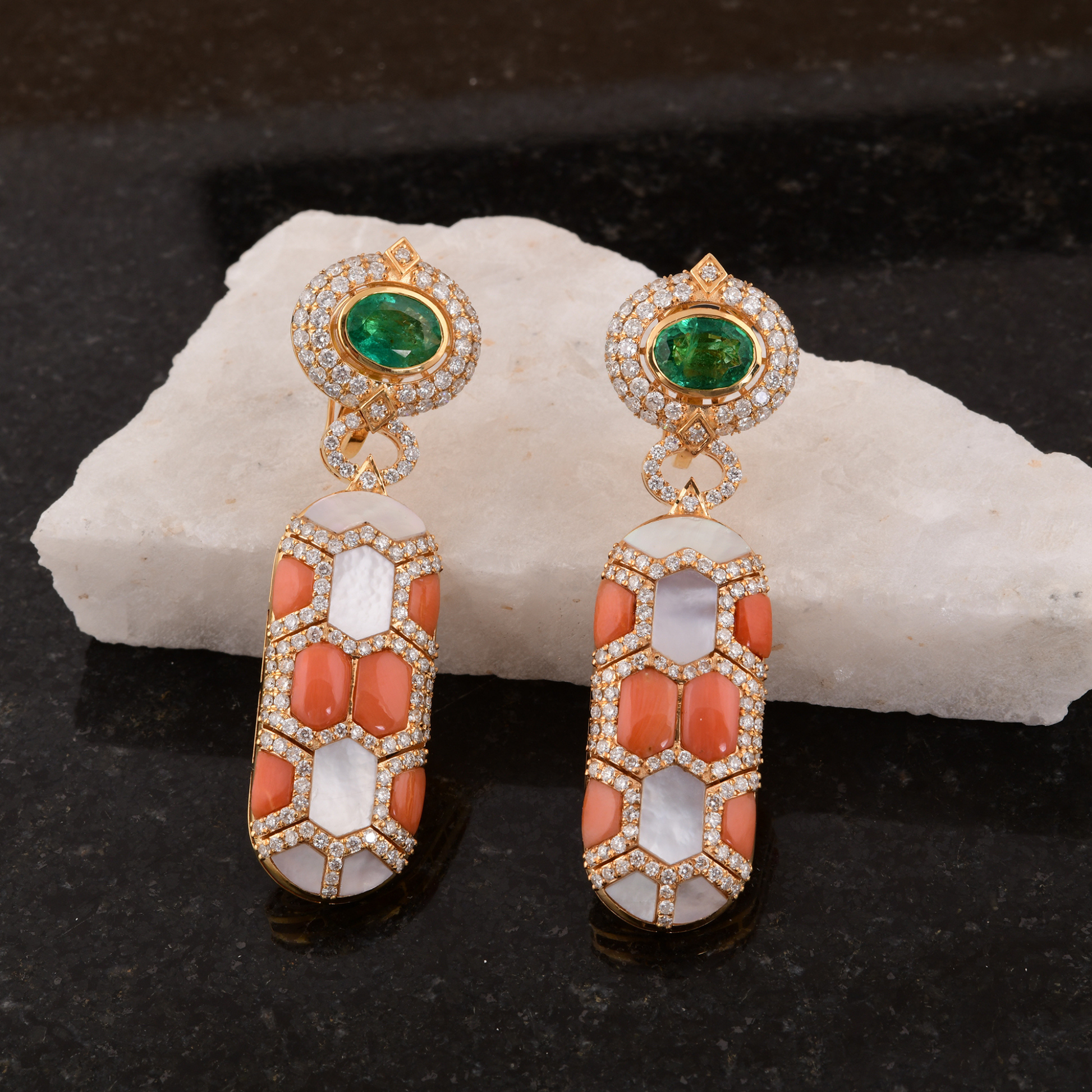 Solid Gold 11.08Tcw Emerald, Coral, Pearl & 3.15Ct. Natural Diamond Wedding Dangle Fine Earrings