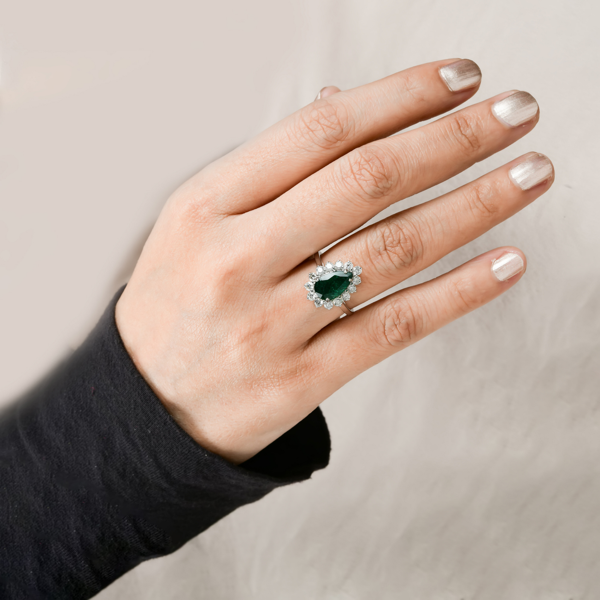 2.92 Tcw Natural H/SI Diamond Pear Zambian Emerald Gold Wedding Halo Ring