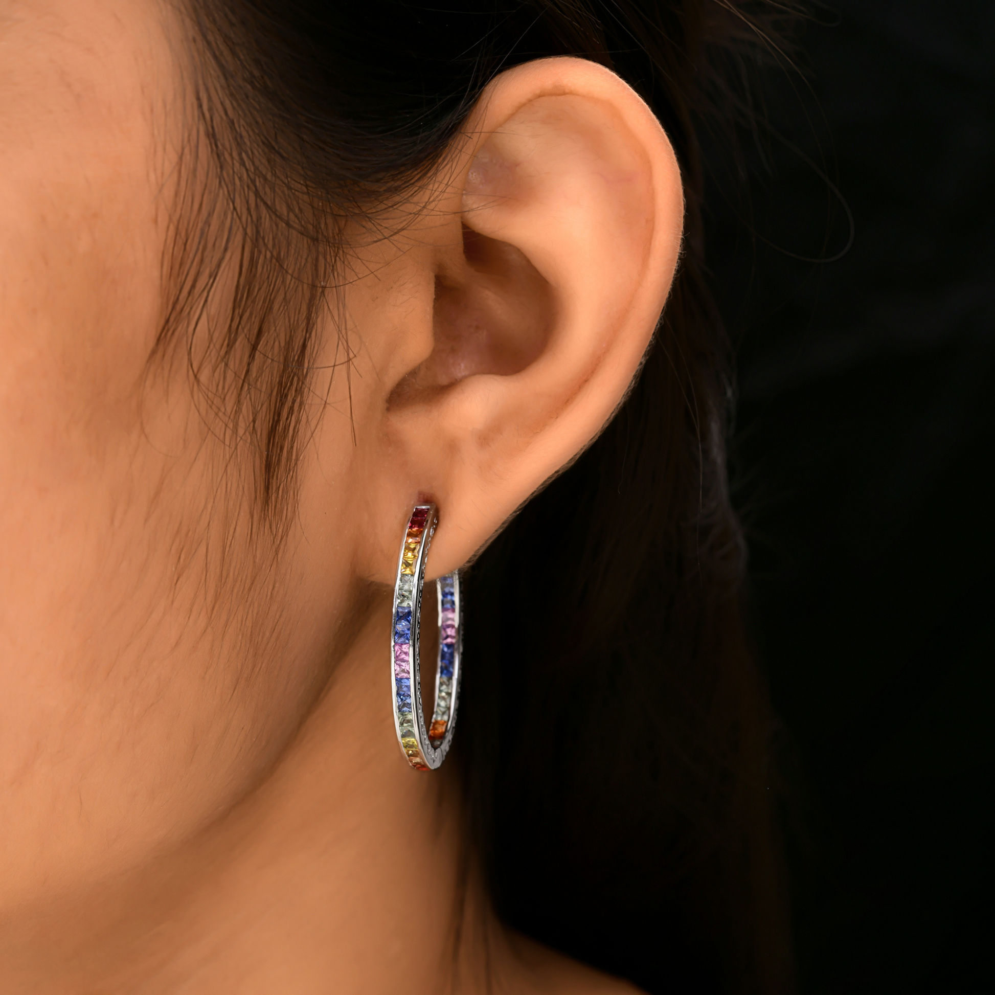 4.43 Carat Natural Multi Sapphire Gold Engagement Hoop Earrings