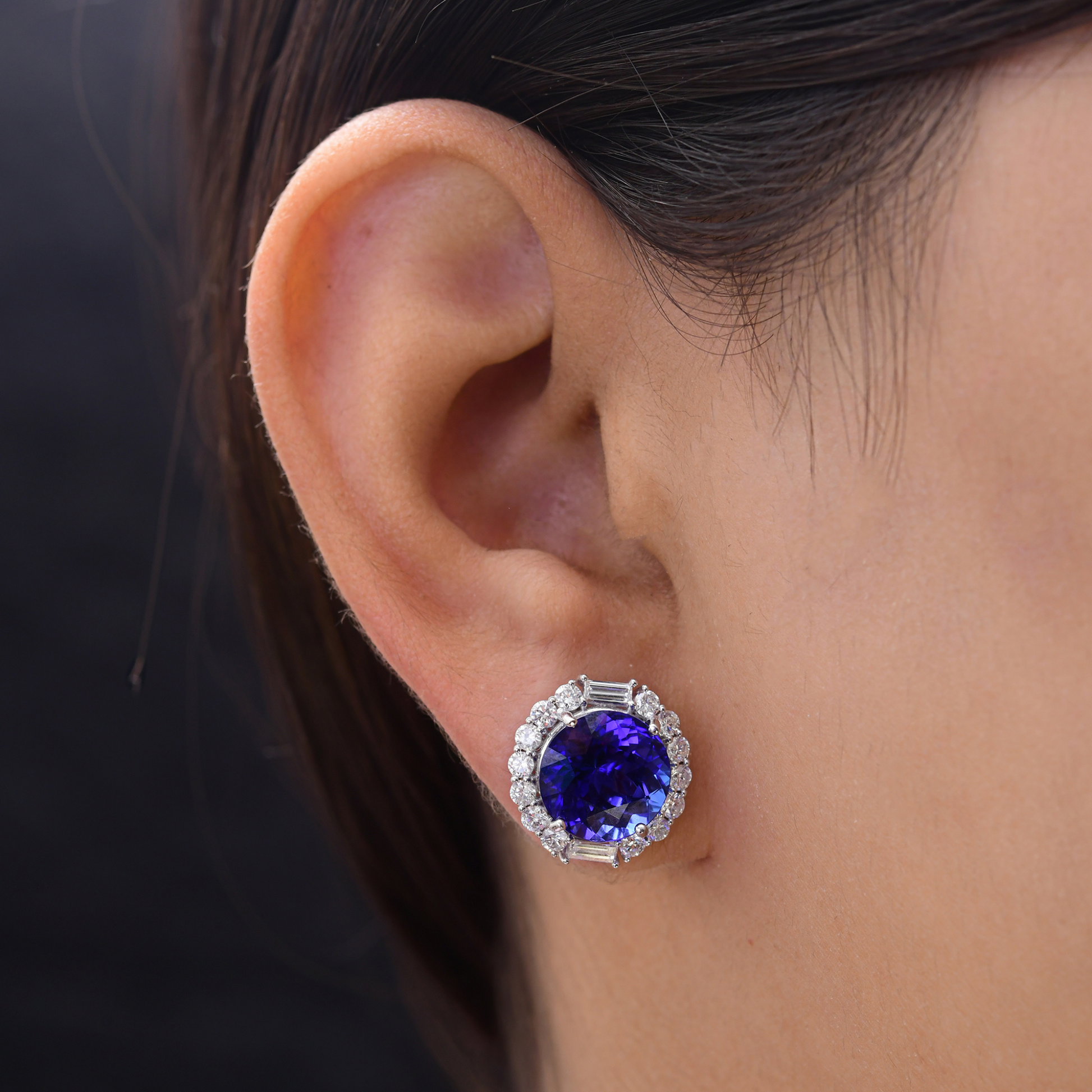 Solid Gold Minimalist Round Cut 10.63Ct Tanzanite & Natural Diamond Halo Stud Earrings