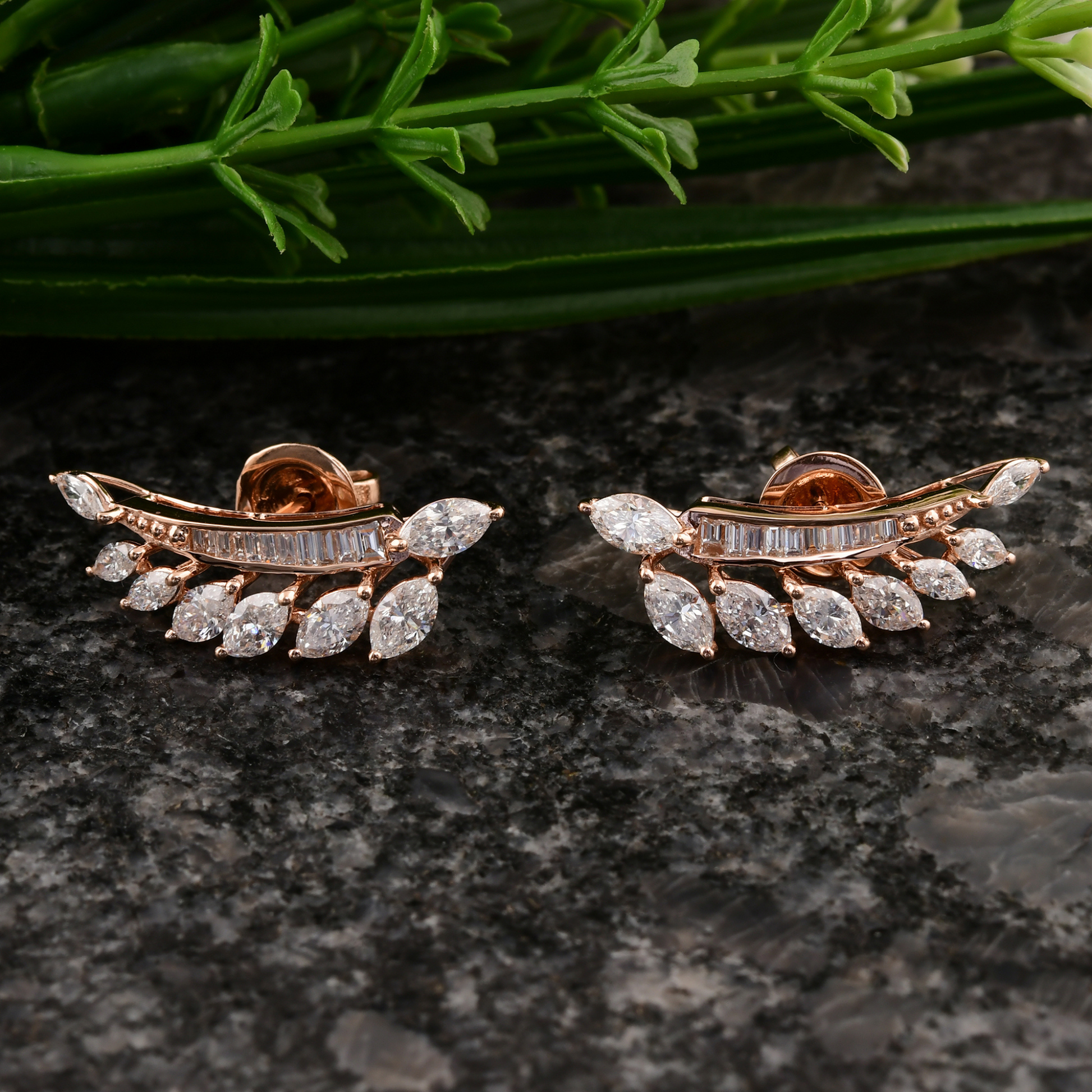 2.41 Carat Natural H Color SI Clarity Diamond Ear Climber Fine Gold Earrings