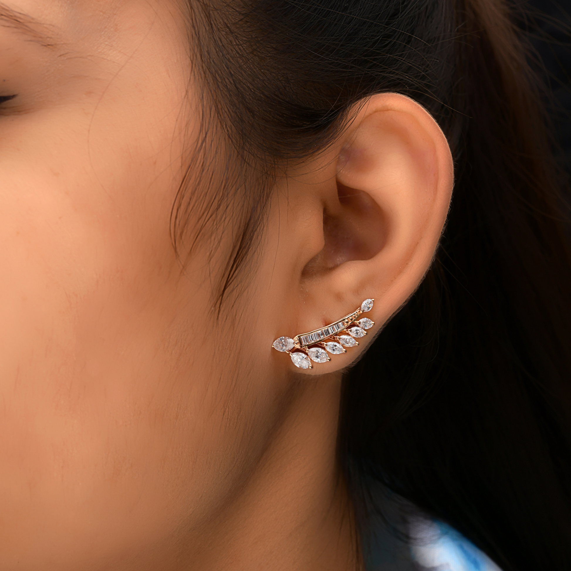 2.41 Carat Natural H Color SI Clarity Diamond Ear Climber Fine Gold Earrings