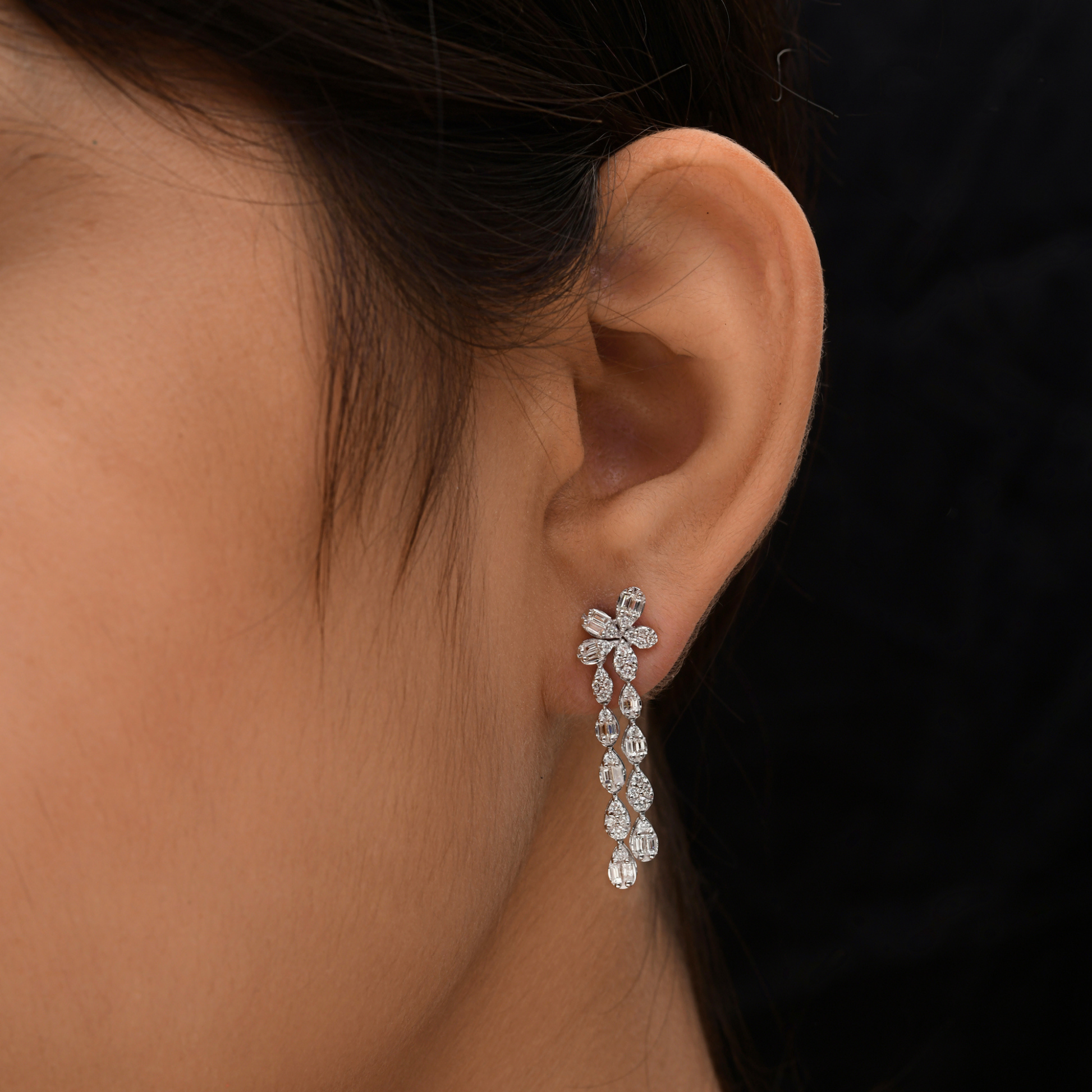 1.30 Carat Brilliant Floral Natural Diamond Dangle Earrings in Solid Gold