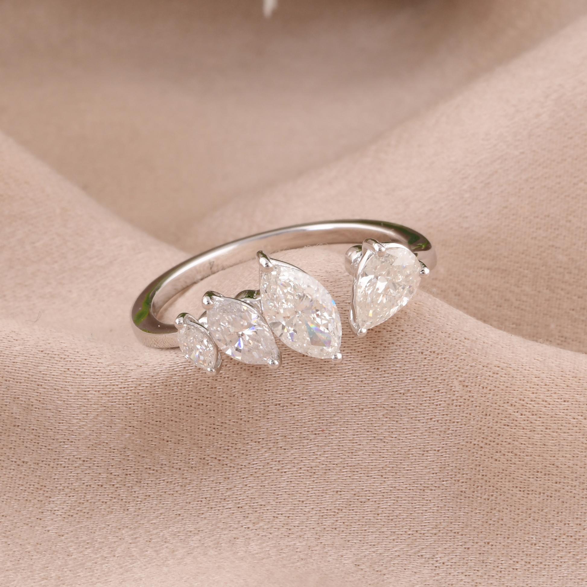 Opne Cuff Marquise Pear Cut SI Clarity HI Color Natural Diamond Gold Ring