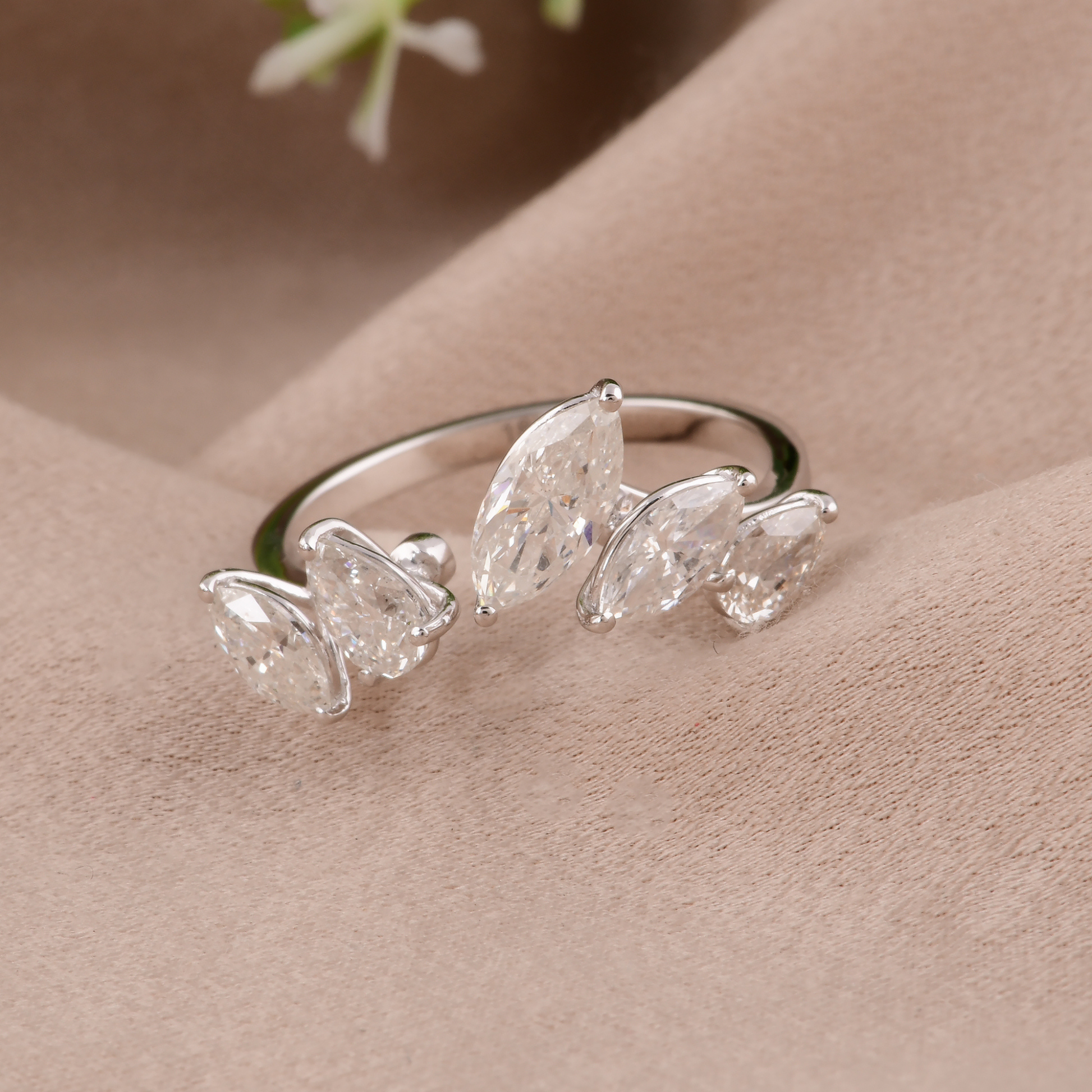 1.94 Carat Natural SI/H Marquise Pear Cut Diamond Open Cuff Gold Ring