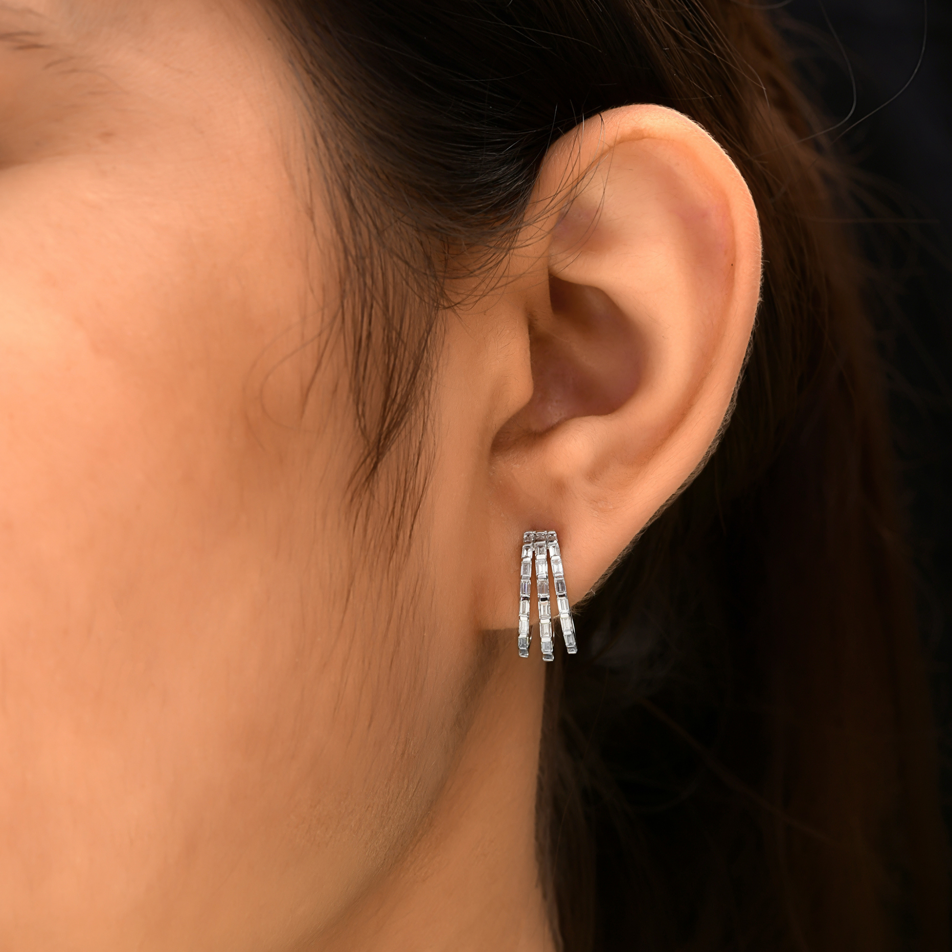 Handmade Natural SI/H Baguette Diamond Huggie Fine Gold Earrings