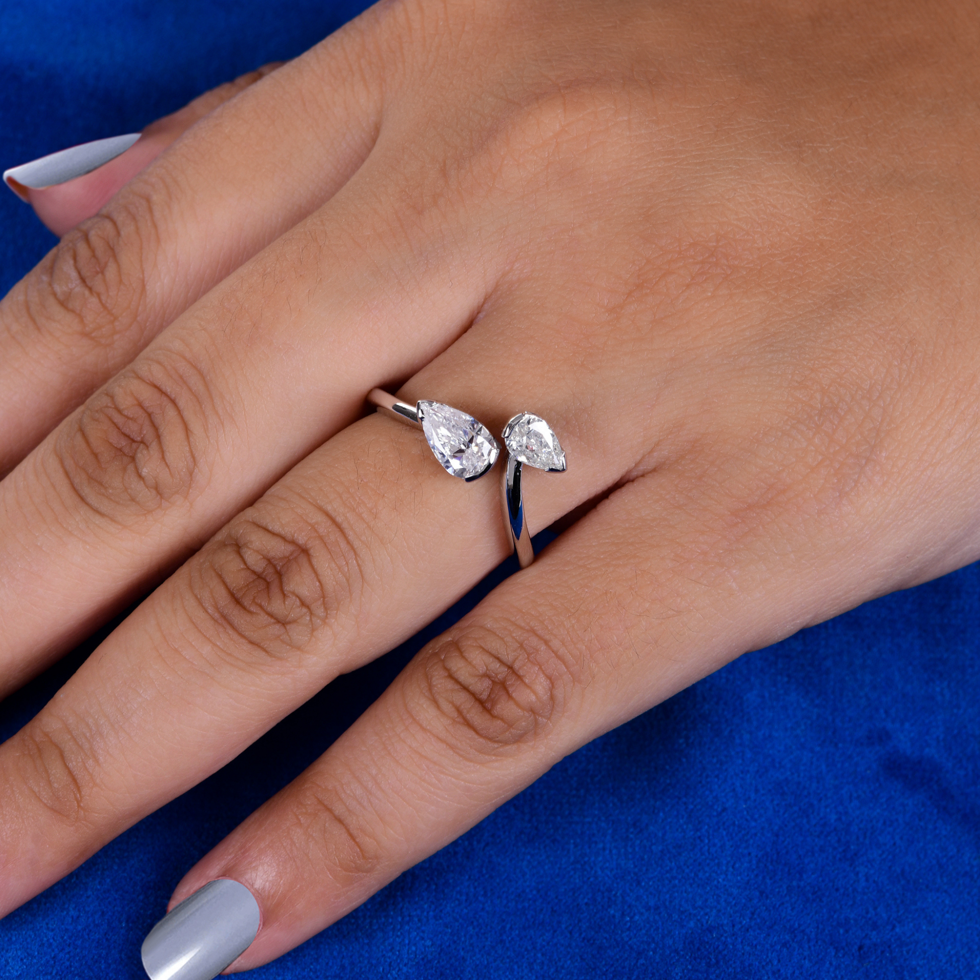 Pear Cut Two Stone Natural SI/H Diamond Cuff Ring in Solid Gold Jewelry