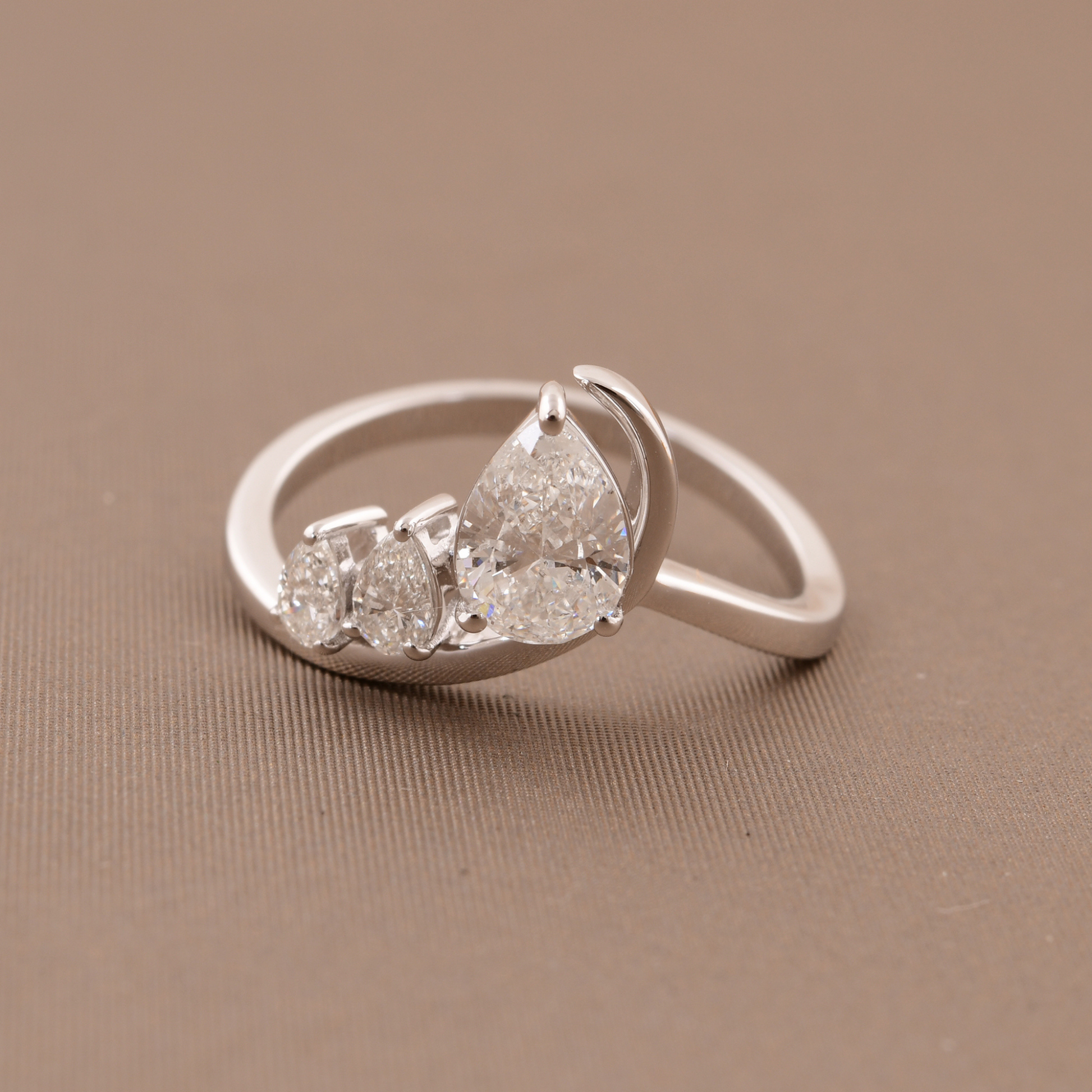 Dainty Unique 3 Stone Pear Cut Natural Diamond Gold Anniversary Ring