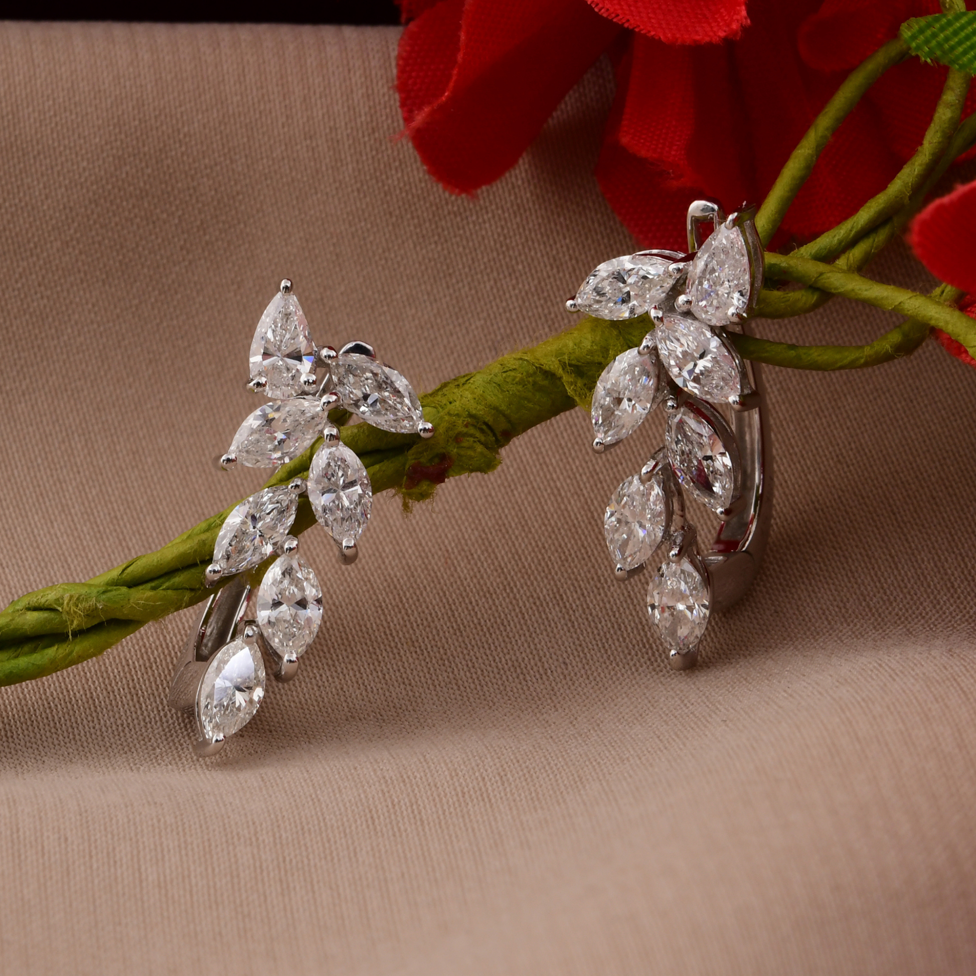 2.01 Ct Natural SI/H Marquise Gold Diamond Leaf Huggie Earrings