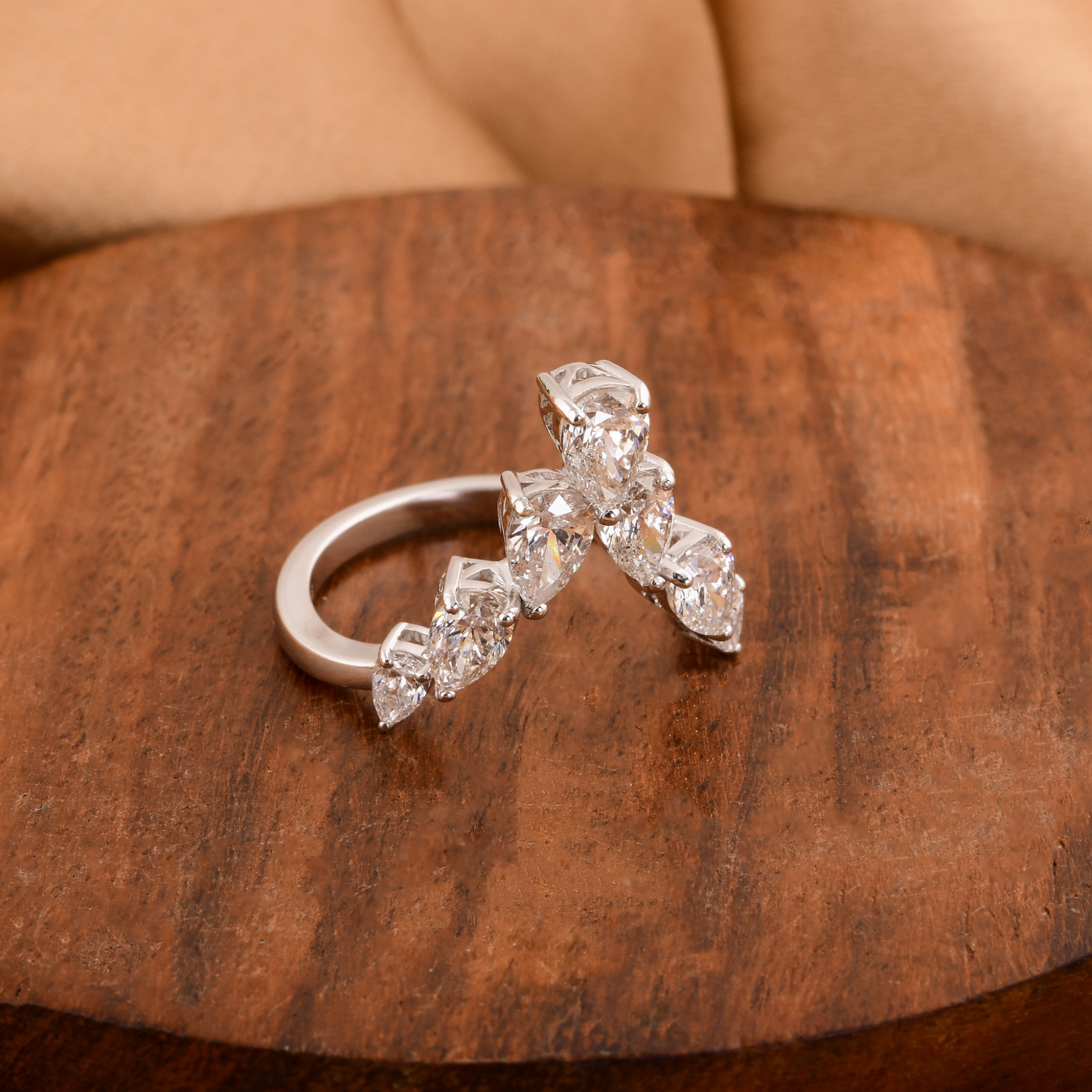 Natural Diamond Chevron Pear Cut V Shape Curved Gold Wedding Ring