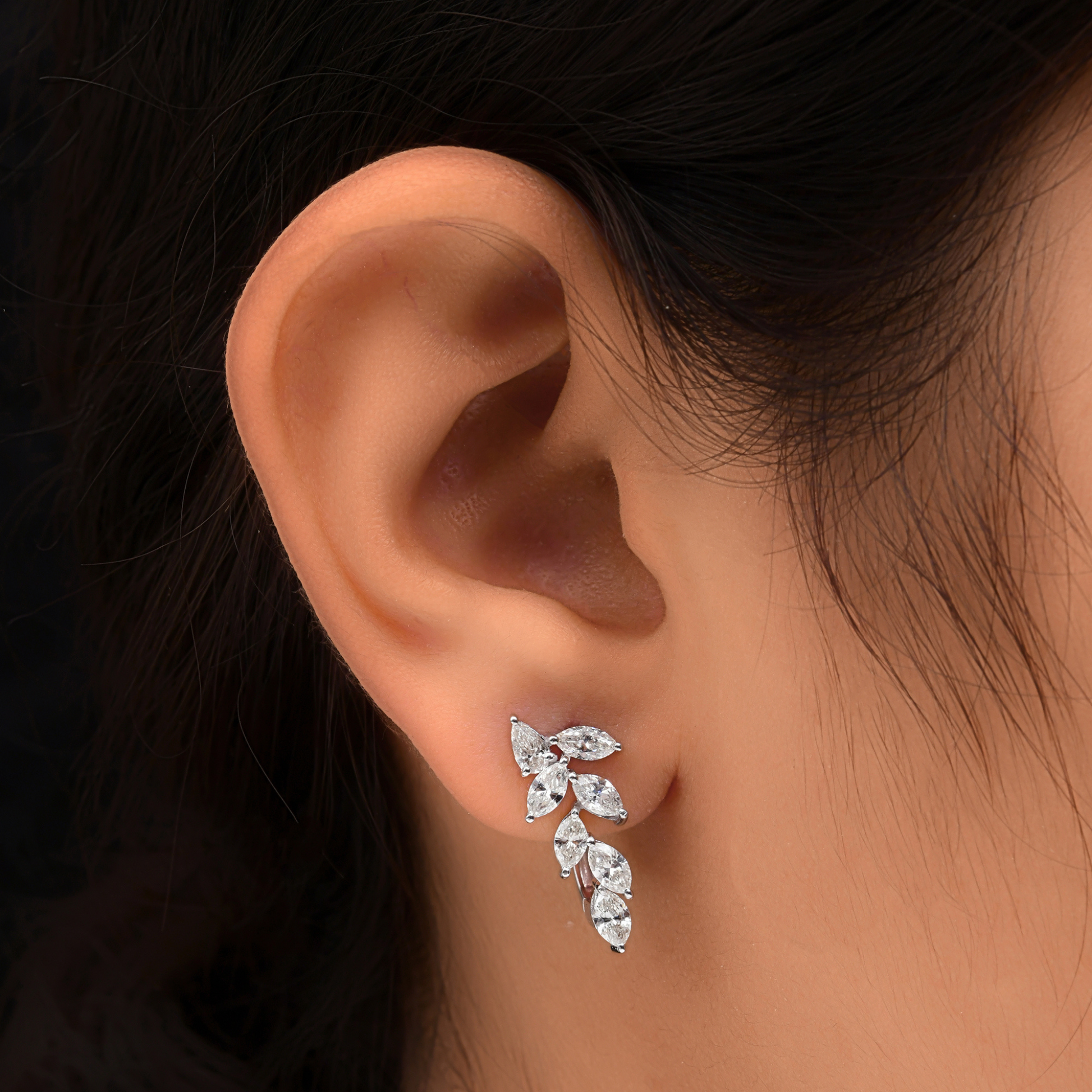 2.01 Ct Natural SI/H Marquise Gold Diamond Leaf Huggie Earrings