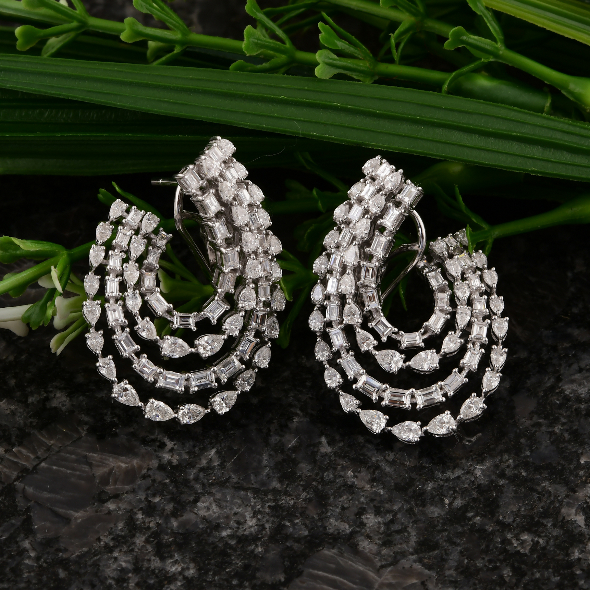 Natural SI/H Pear Baguette Cut Diamond Solid Gold Wedding Earrings