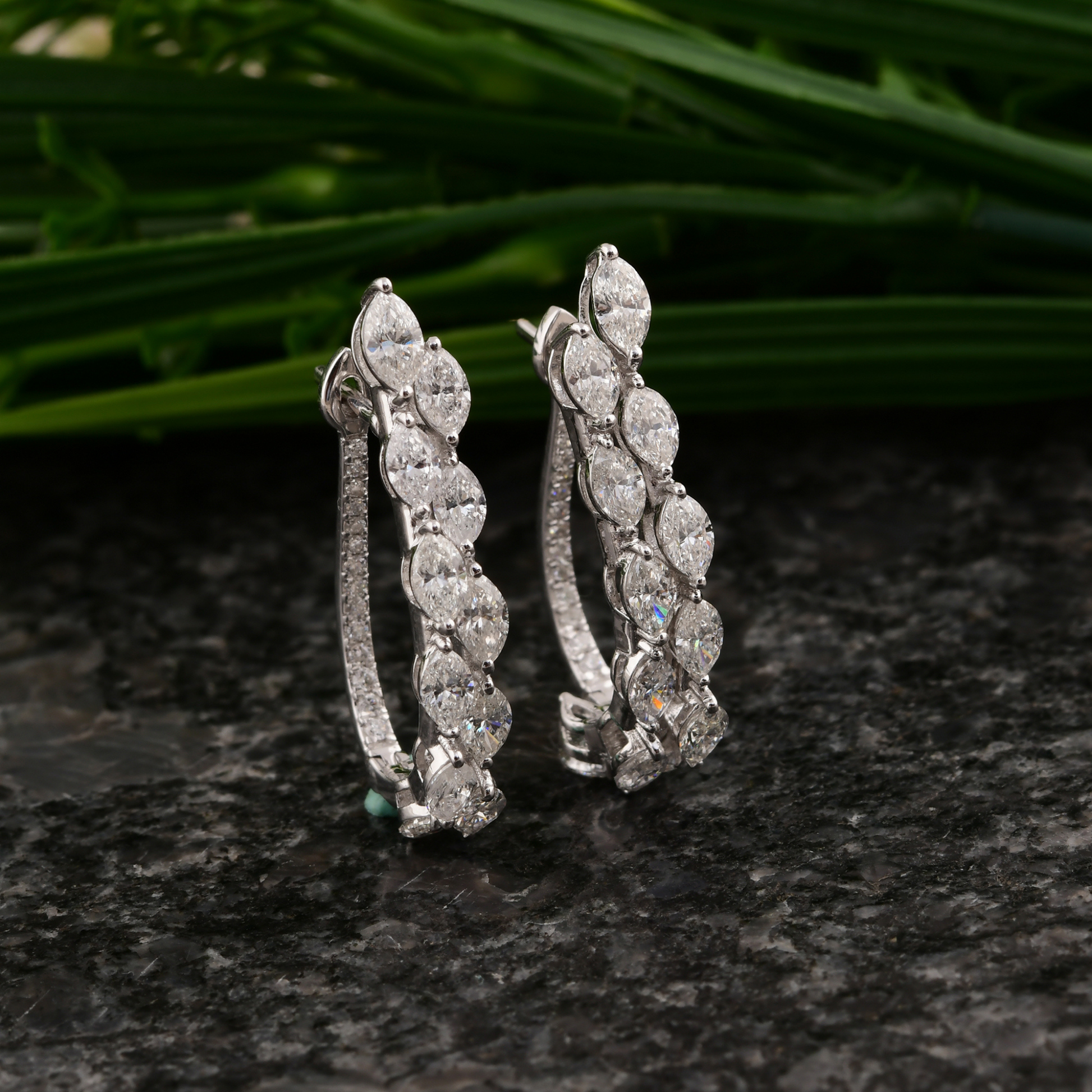 3.47 Ct Natural Marquise & Round Cut Diamond Double Row Hoop Earrings