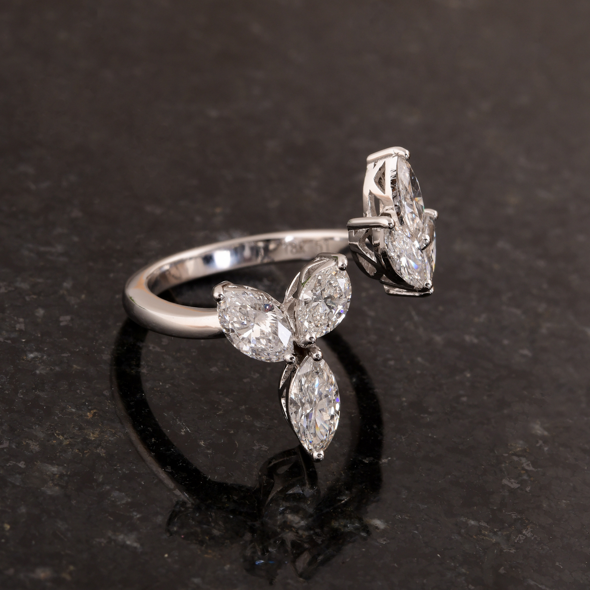 Handcrafted Leaf 1.87 Ct Natural SI/H Marquise Cut Diamond Open Band Ring