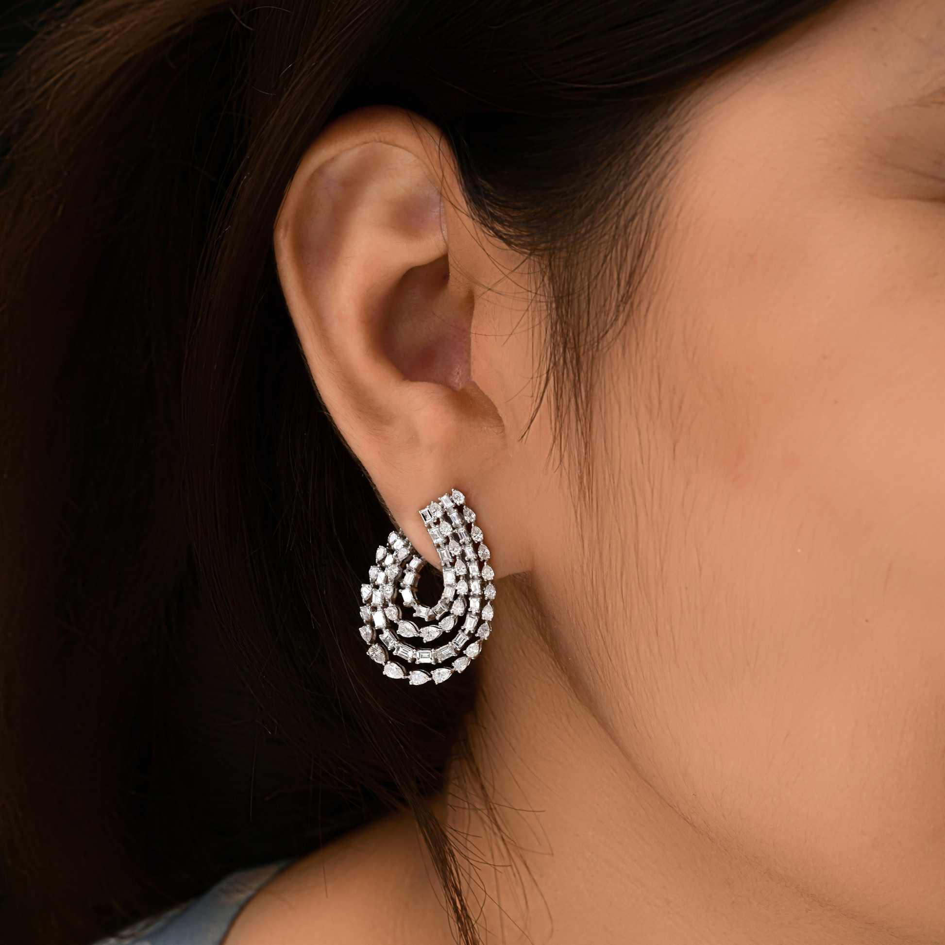 Natural SI/H Pear Baguette Cut Diamond Solid Gold Wedding Earrings