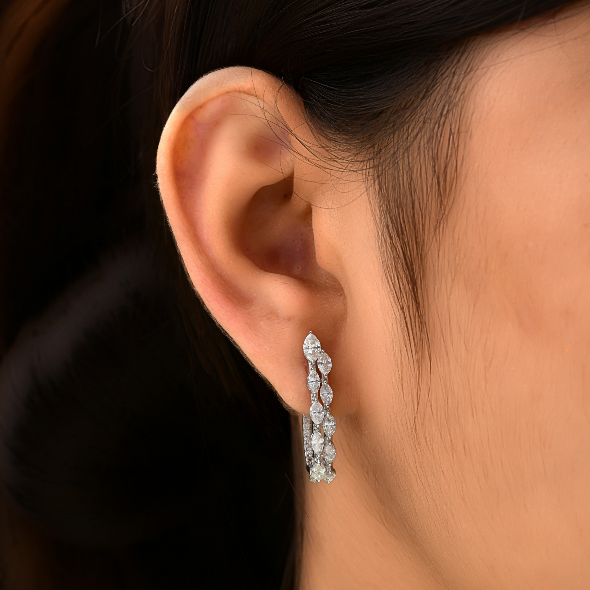 3.47 Ct Natural Marquise & Round Cut Diamond Double Row Hoop Earrings